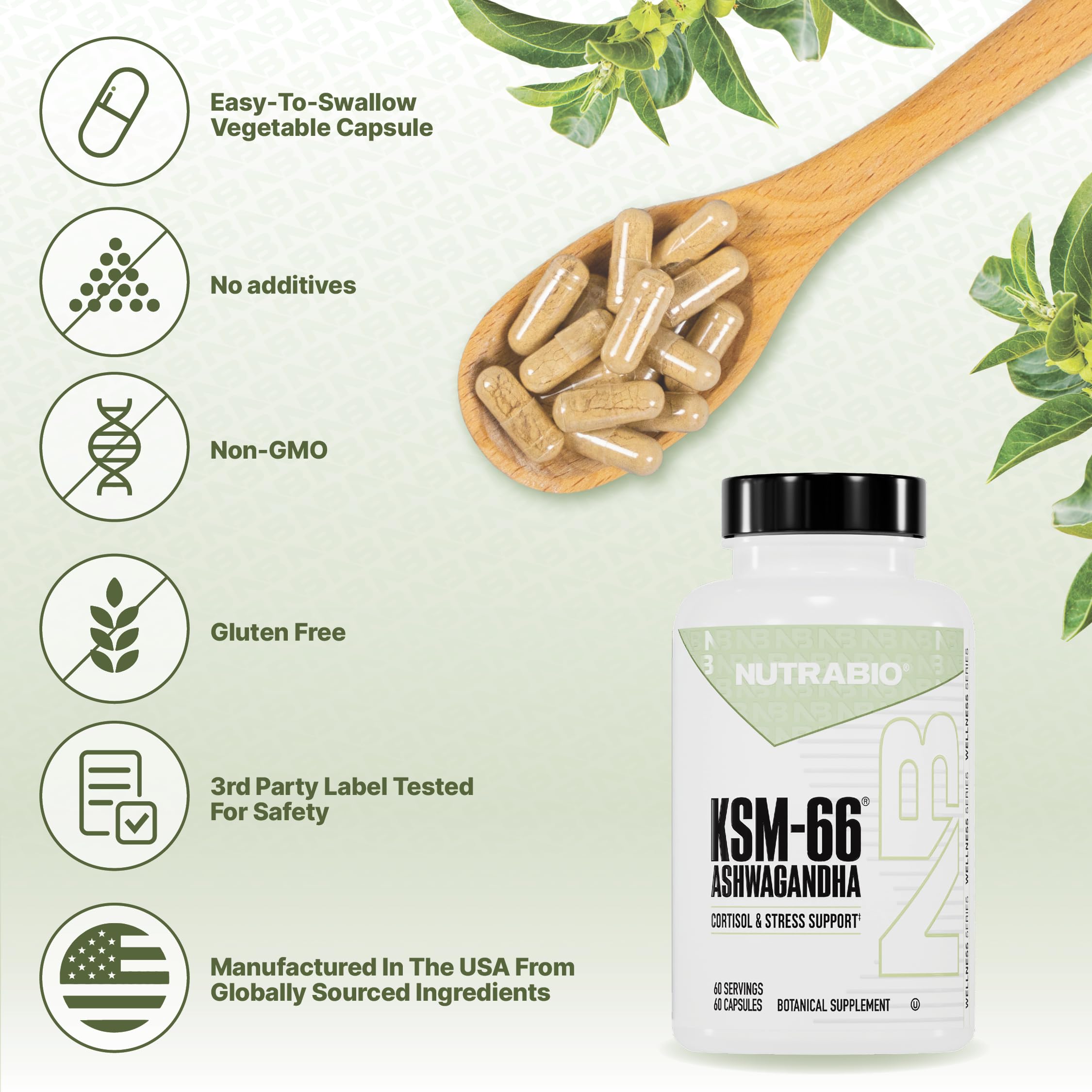 NutraBio Ashwagandha KSM-66 energía constante para el día.