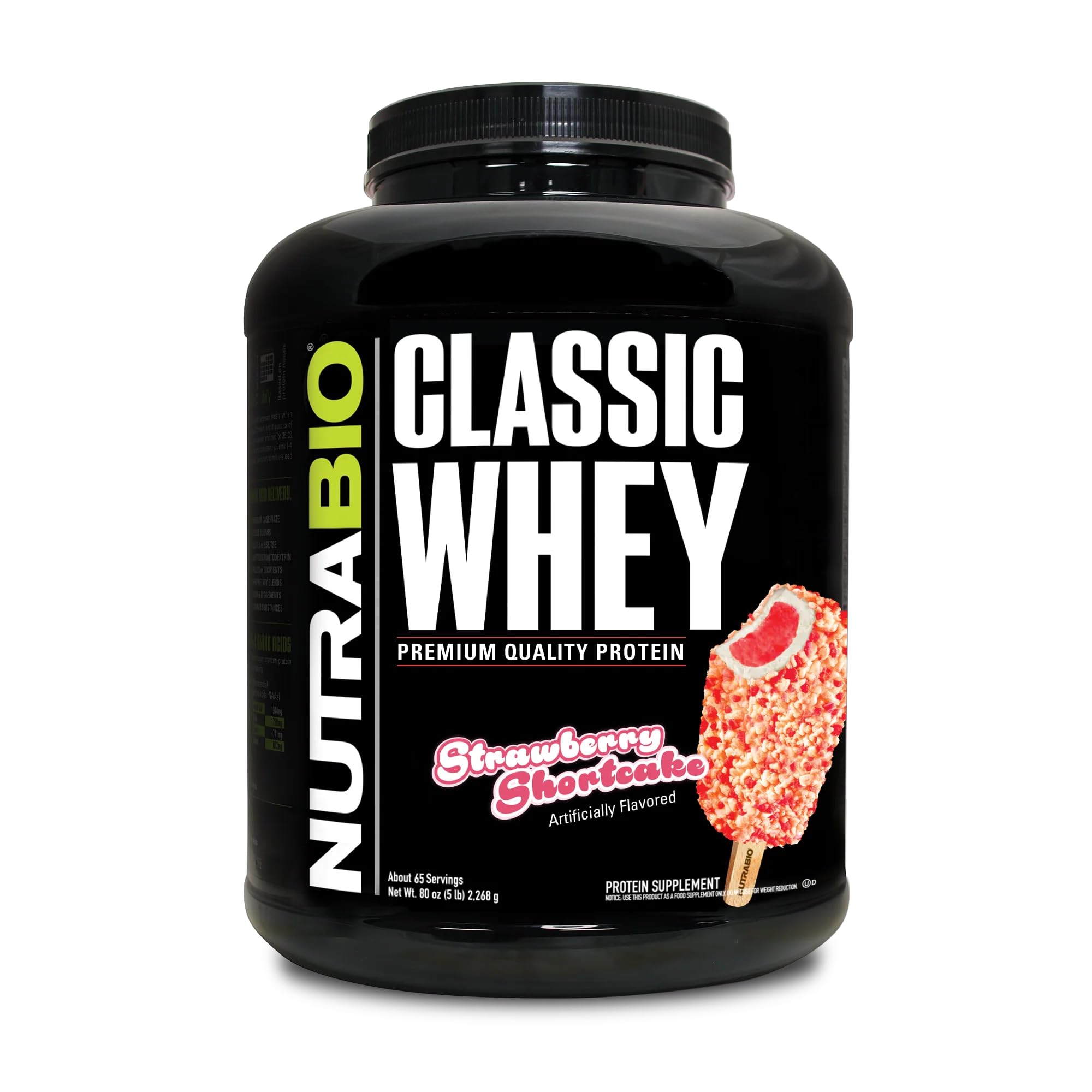 NutraBio Proteína de suero clásica: polvo fresa Shortcake para recuperación muscular diaria.