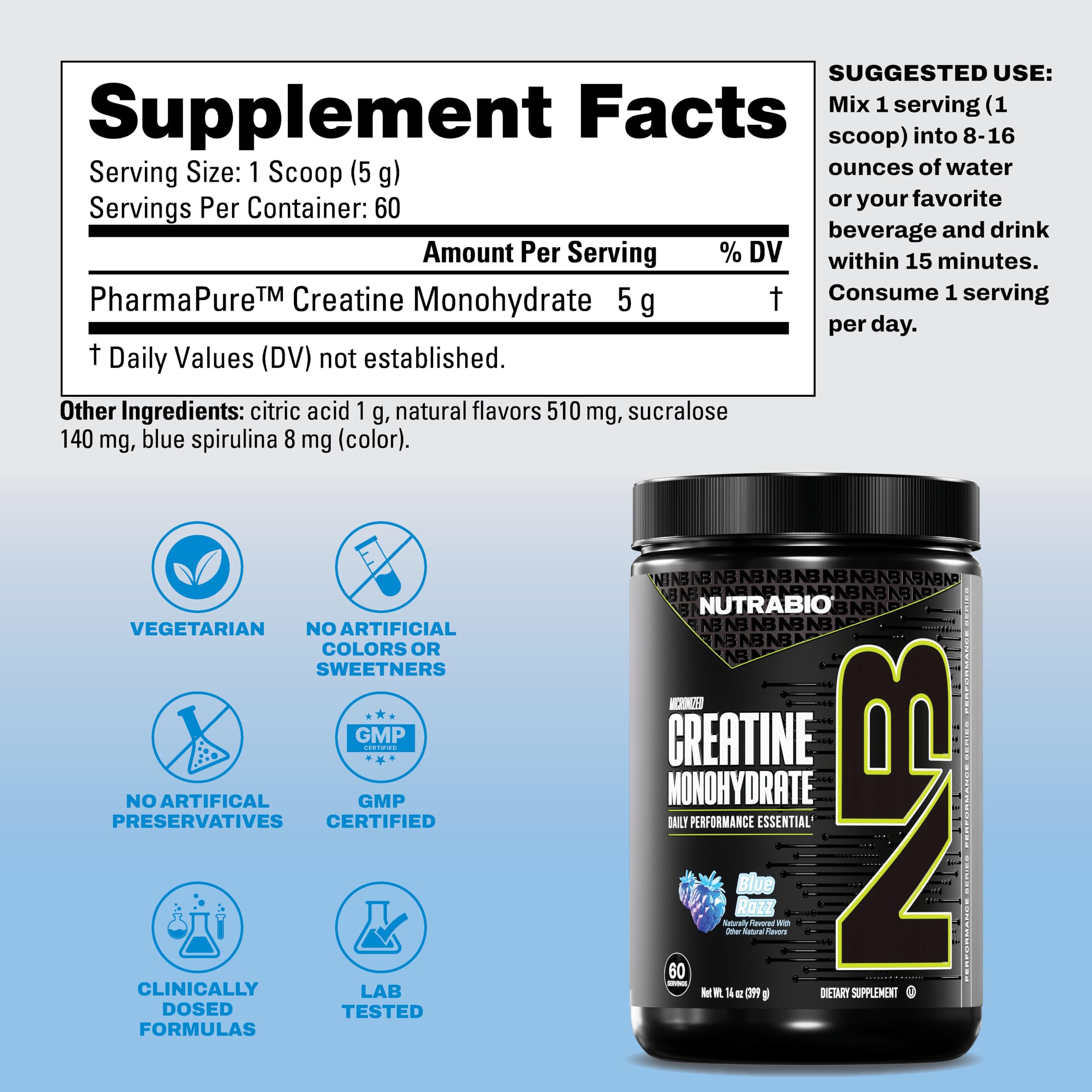 NutraBio creatina micronizada polvo azul frambuesa para recuperación tras entrenamientos