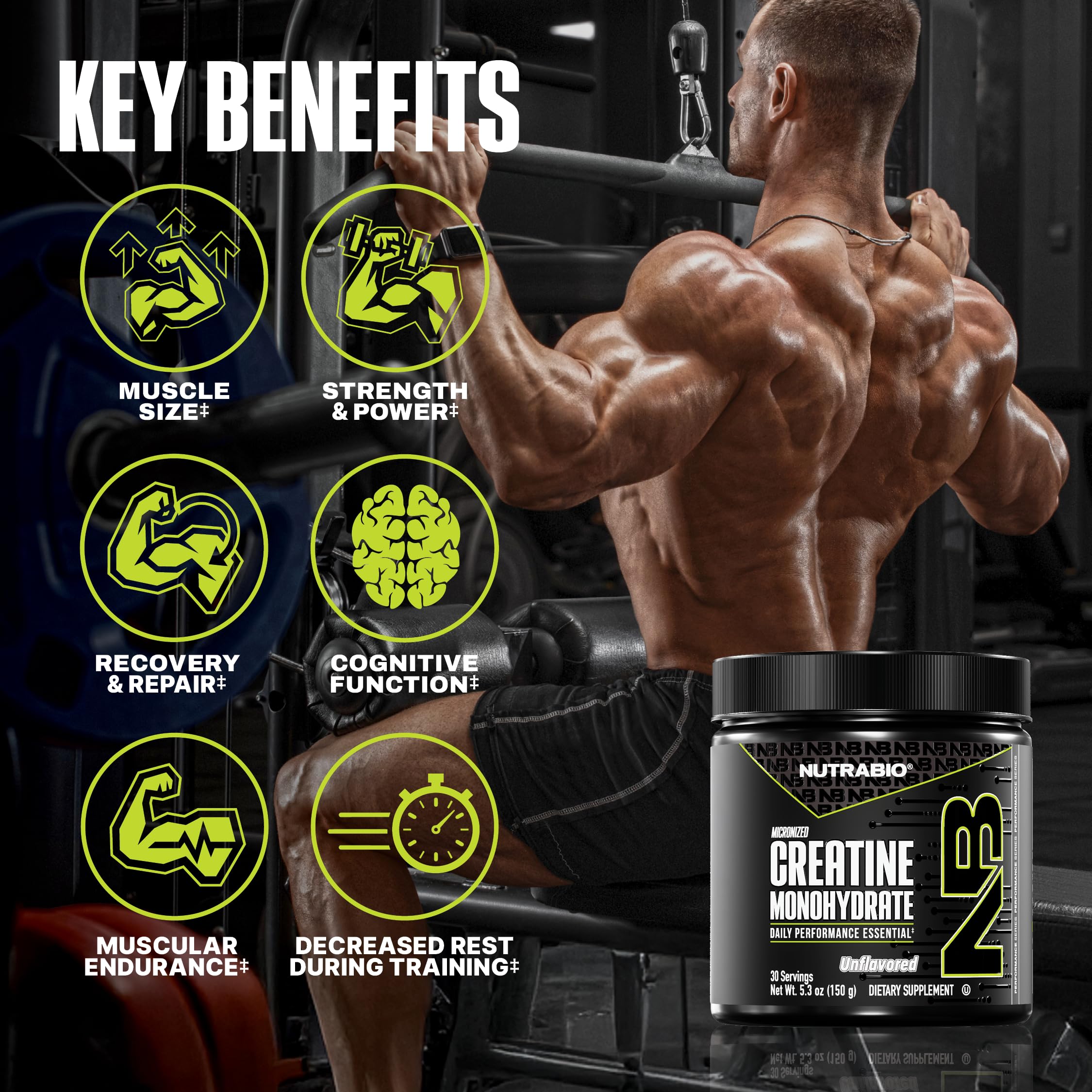 NutraBio creatina micronizada con cucharita medidora para dosis precisas.