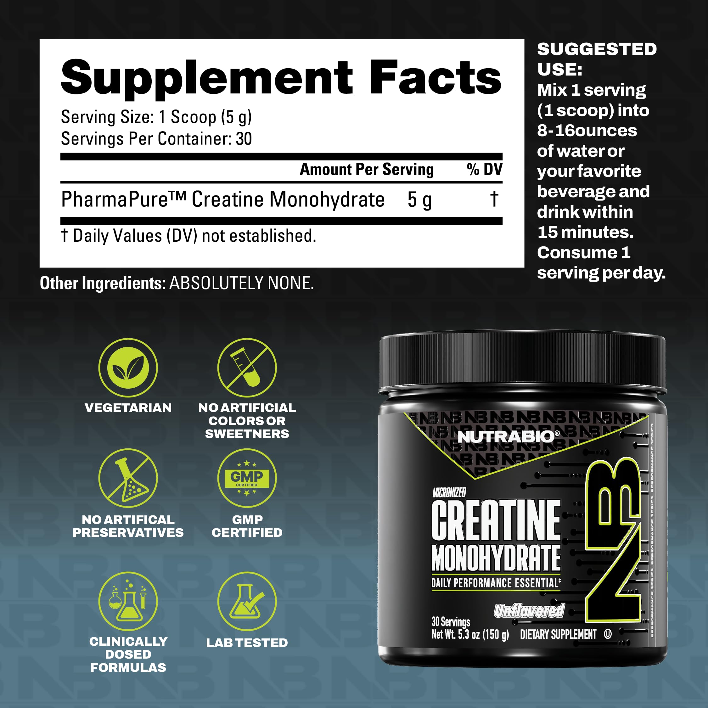 Envase NutraBio creatina micronizada de 150 g en estante.