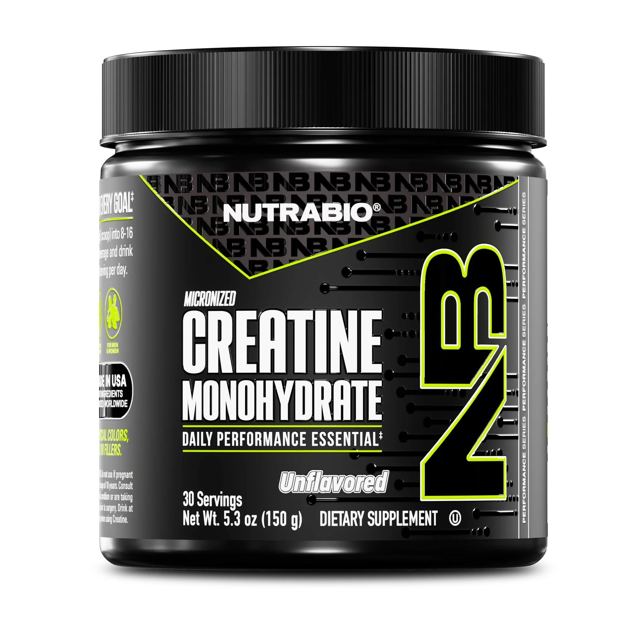 NutraBio creatina micronizada en taza, ideal para entrenamientos con energía sostenida.