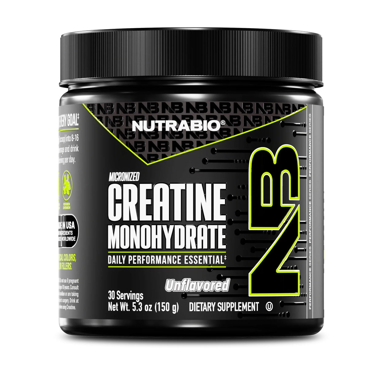 NutraBio creatina micronizada en taza, ideal para entrenamientos con energía sostenida.