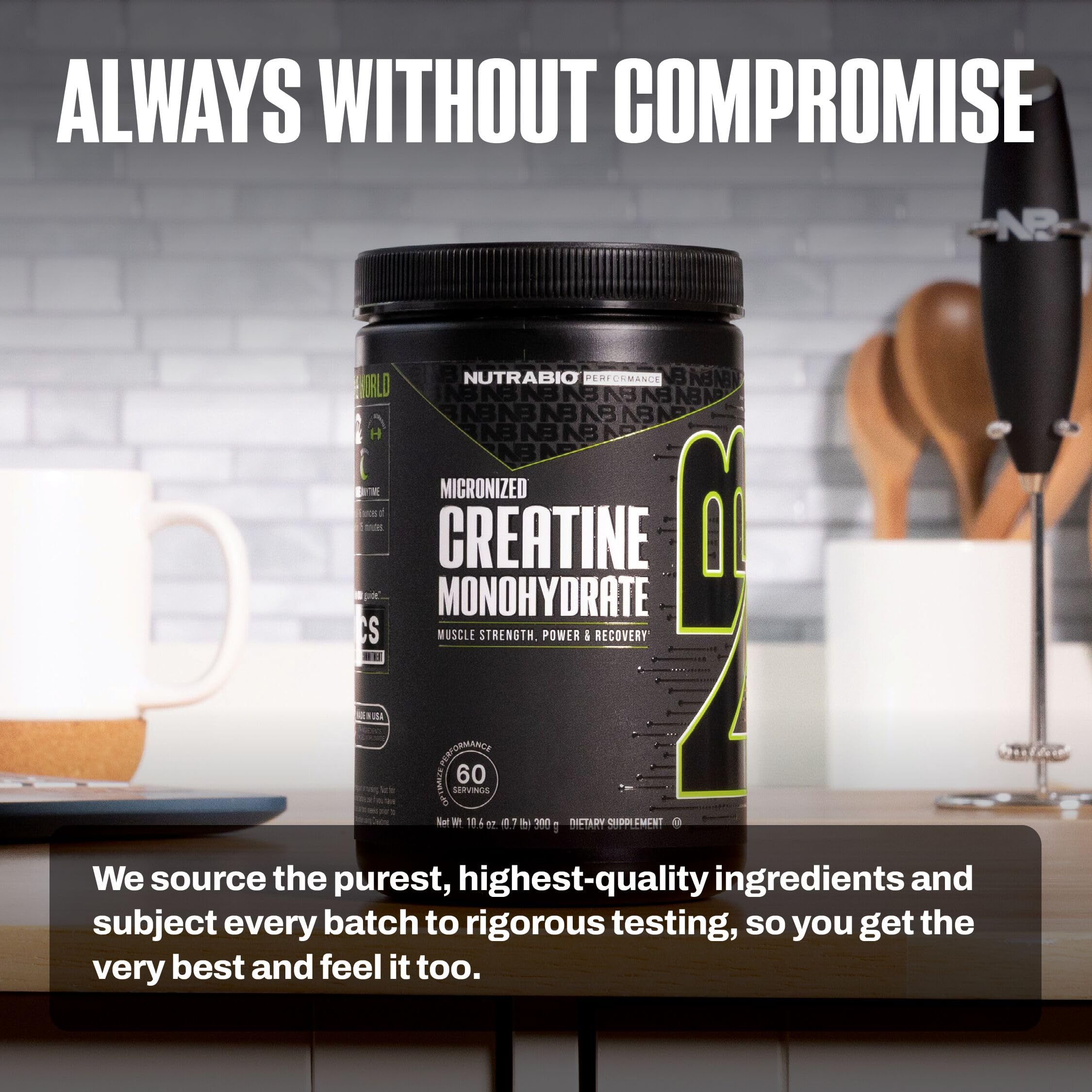 NutraBio creatina micronizada en polvo con certificaciones kosher y halal.
