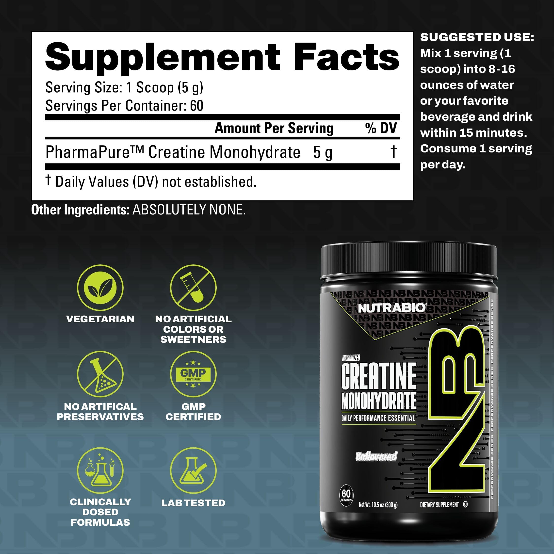 NutraBio creatina micronizada en polvo con dosificador, ideal para dosis consistentes y energía estable.