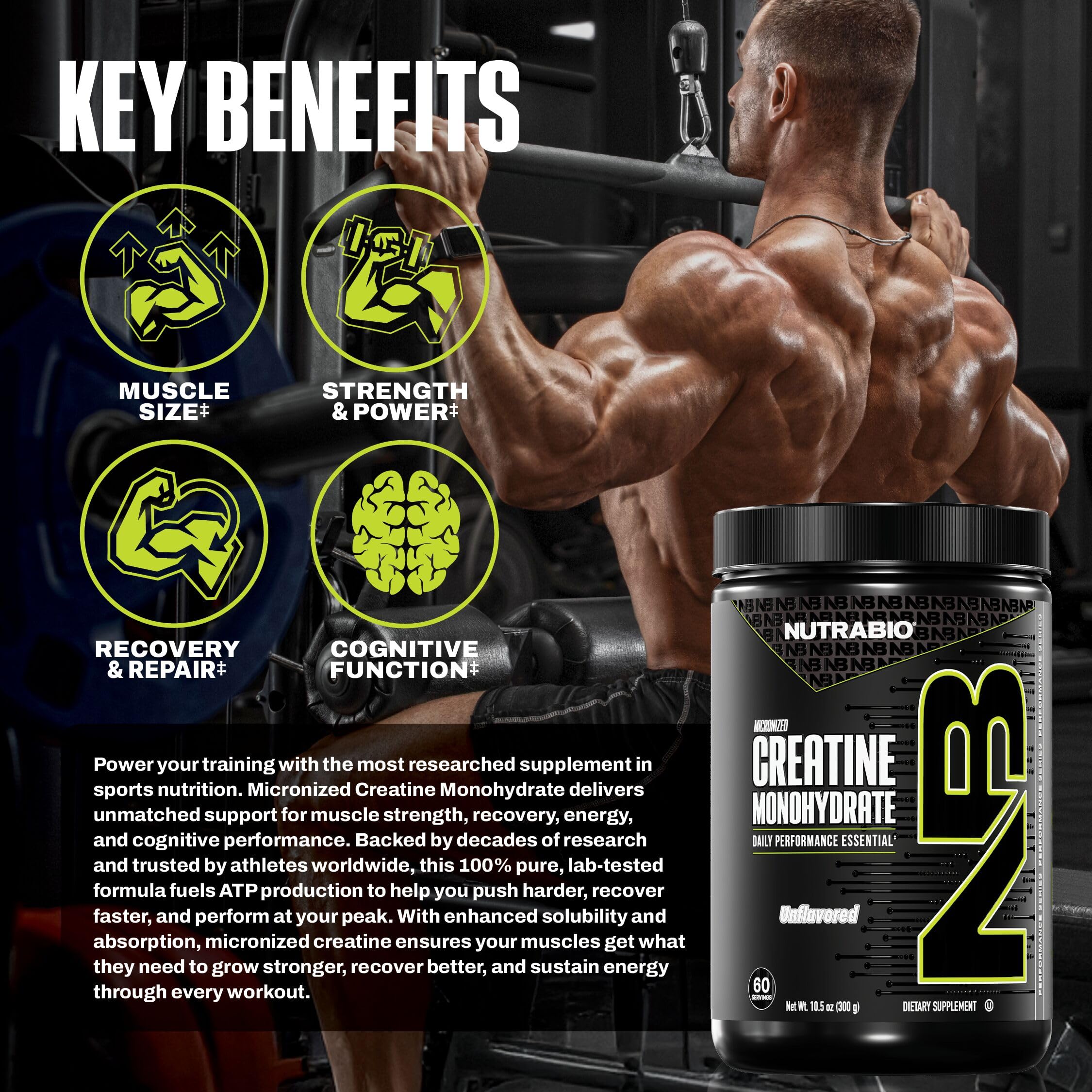 NutraBio creatina micronizada en polvo ofrece energía estable durante las sesiones.