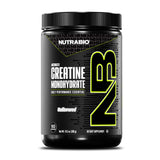 NutraBio creatina micronizada pura en polvo vertido, para más energía durante el entrenamiento.