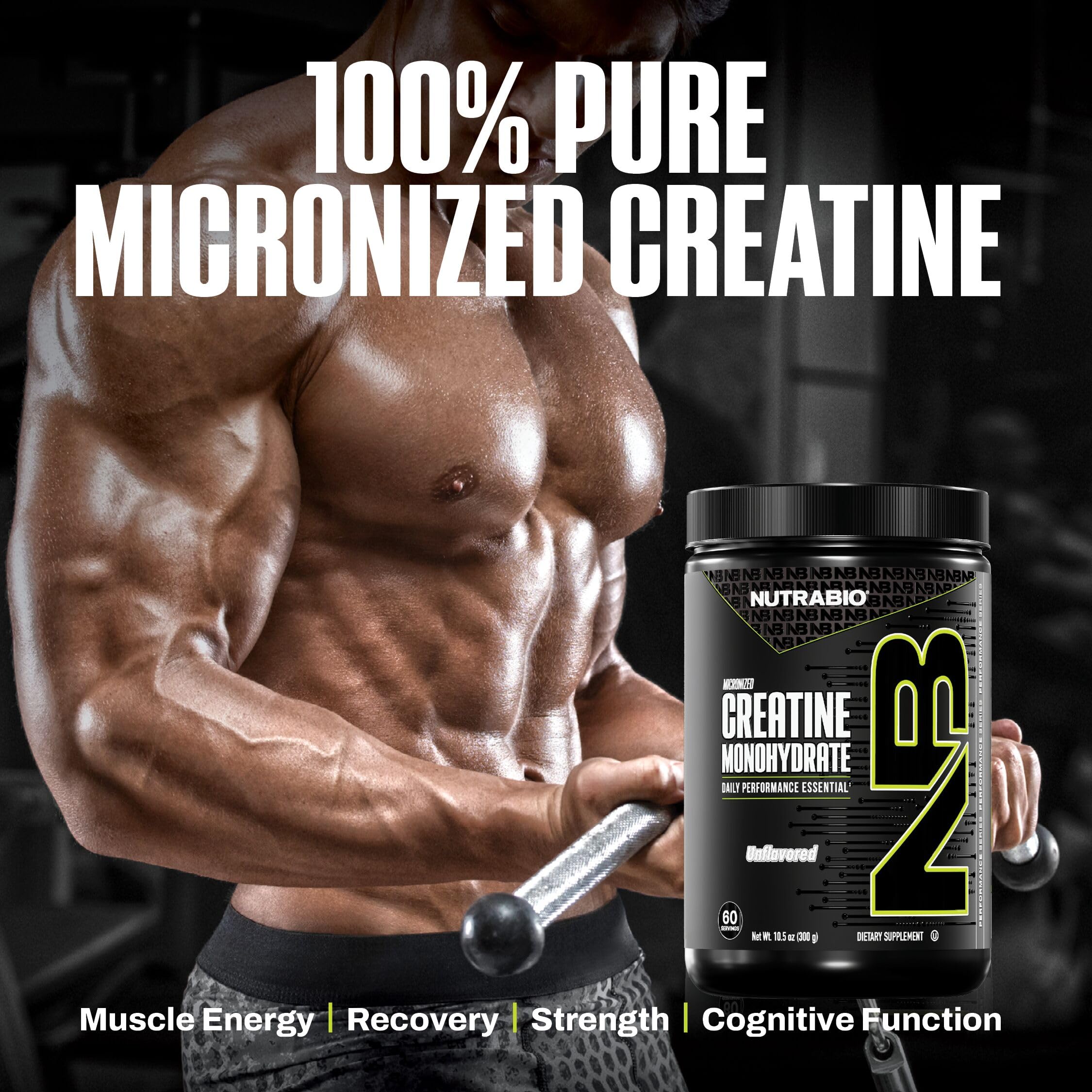 NutraBio creatina micronizada en polvo, pureza verificada por HPLC.