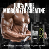 NutraBio creatina micronizada en polvo, pureza verificada por HPLC.