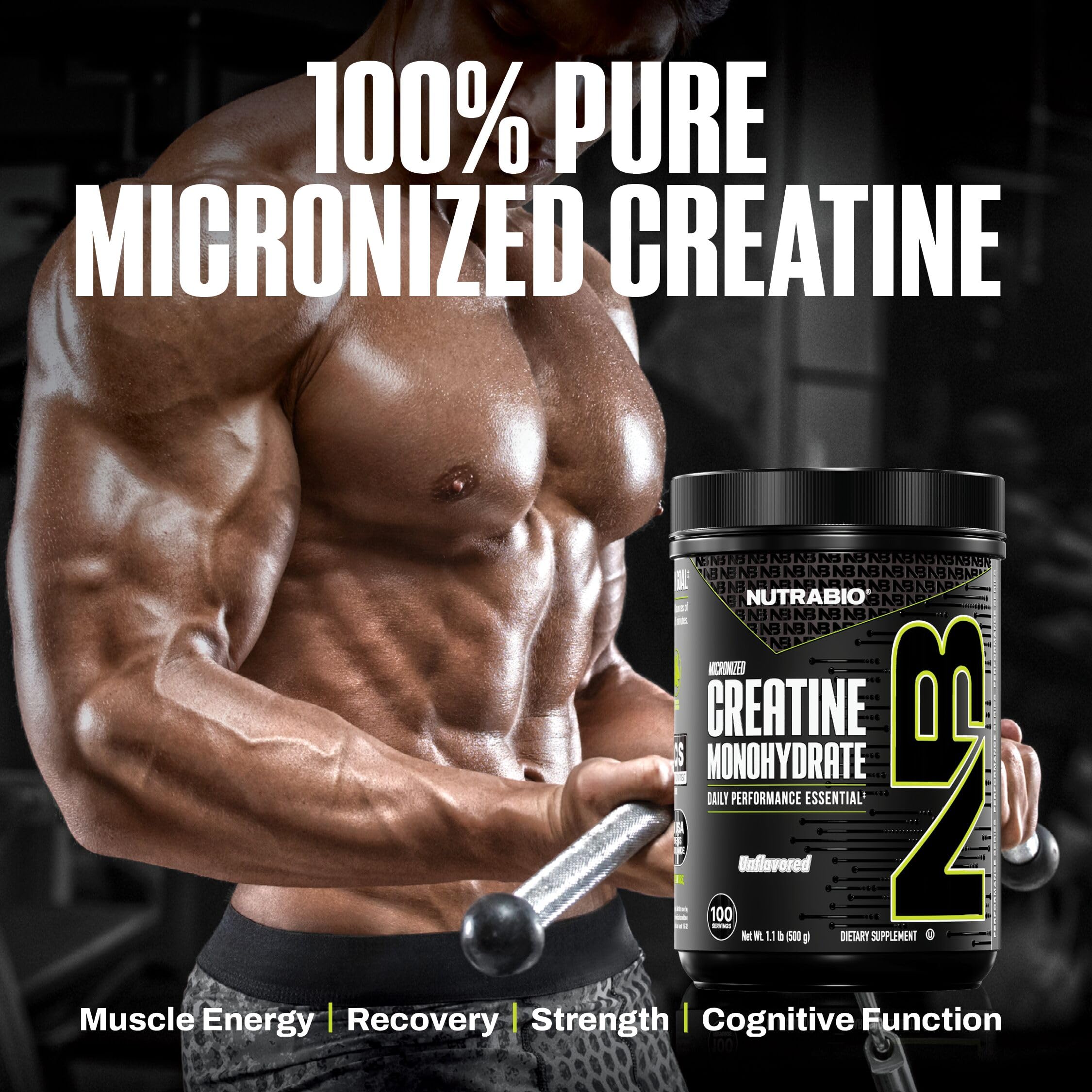 NutraBio Creatina Monohidrato, apto para atletas hombres y mujeres.