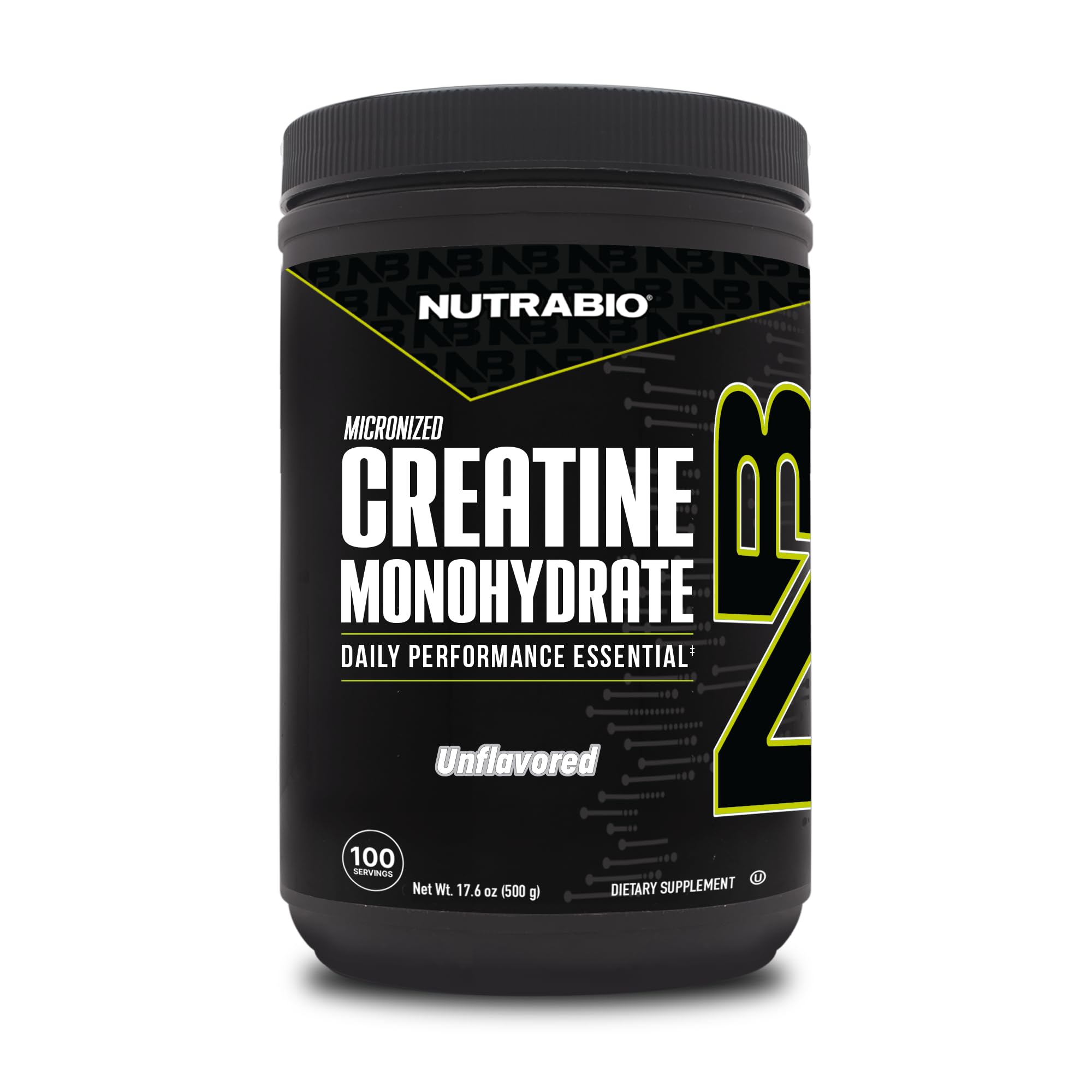 NutraBio Creatina Monohidrato, bote, energía sostenida para entrenamientos.