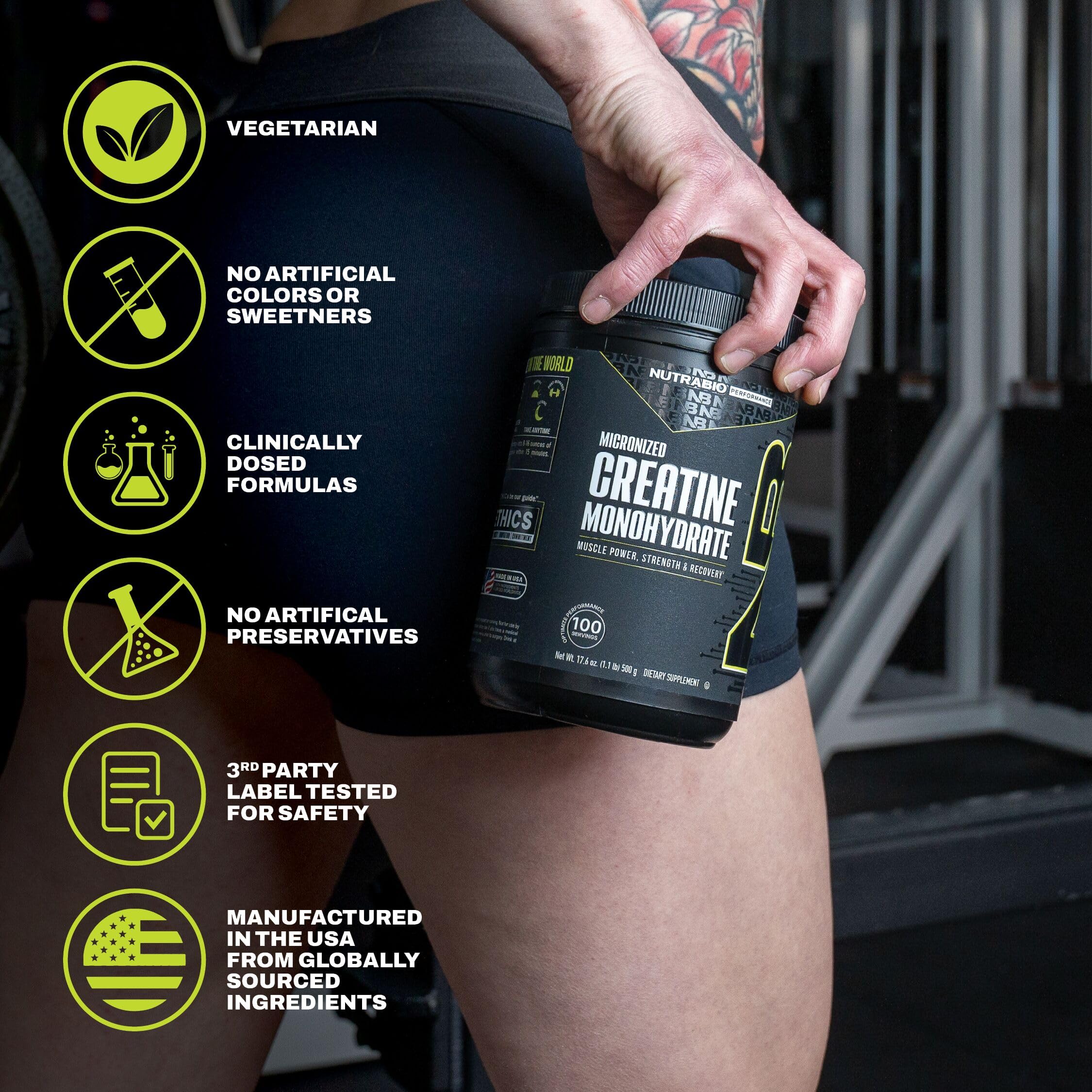 NutraBio Creatina Monohidrato, versión sin sabor para mezclar en bebidas.