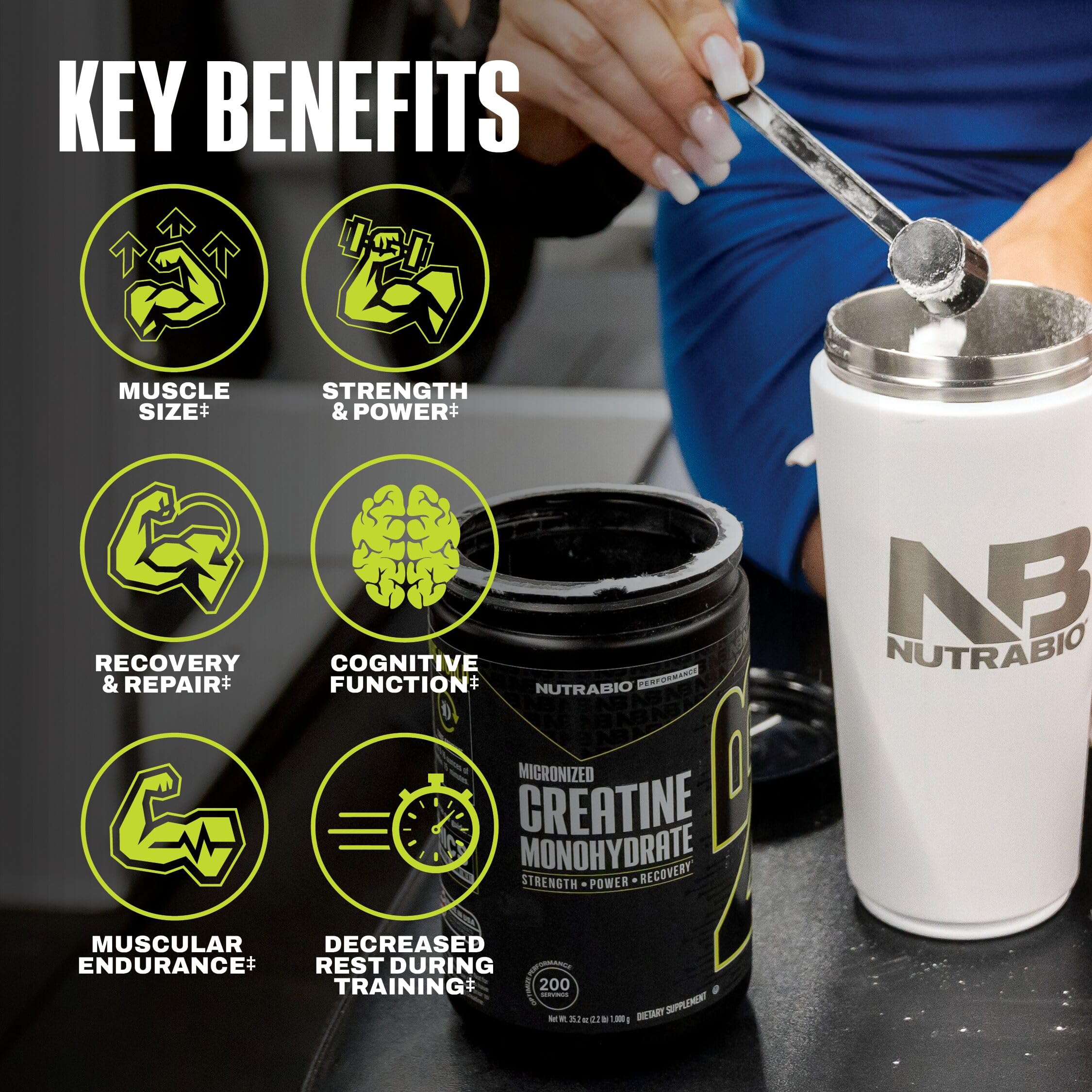 NutraBio Creatina Monohidrato, uso diario post-entreno para coherencia de ingesta.
