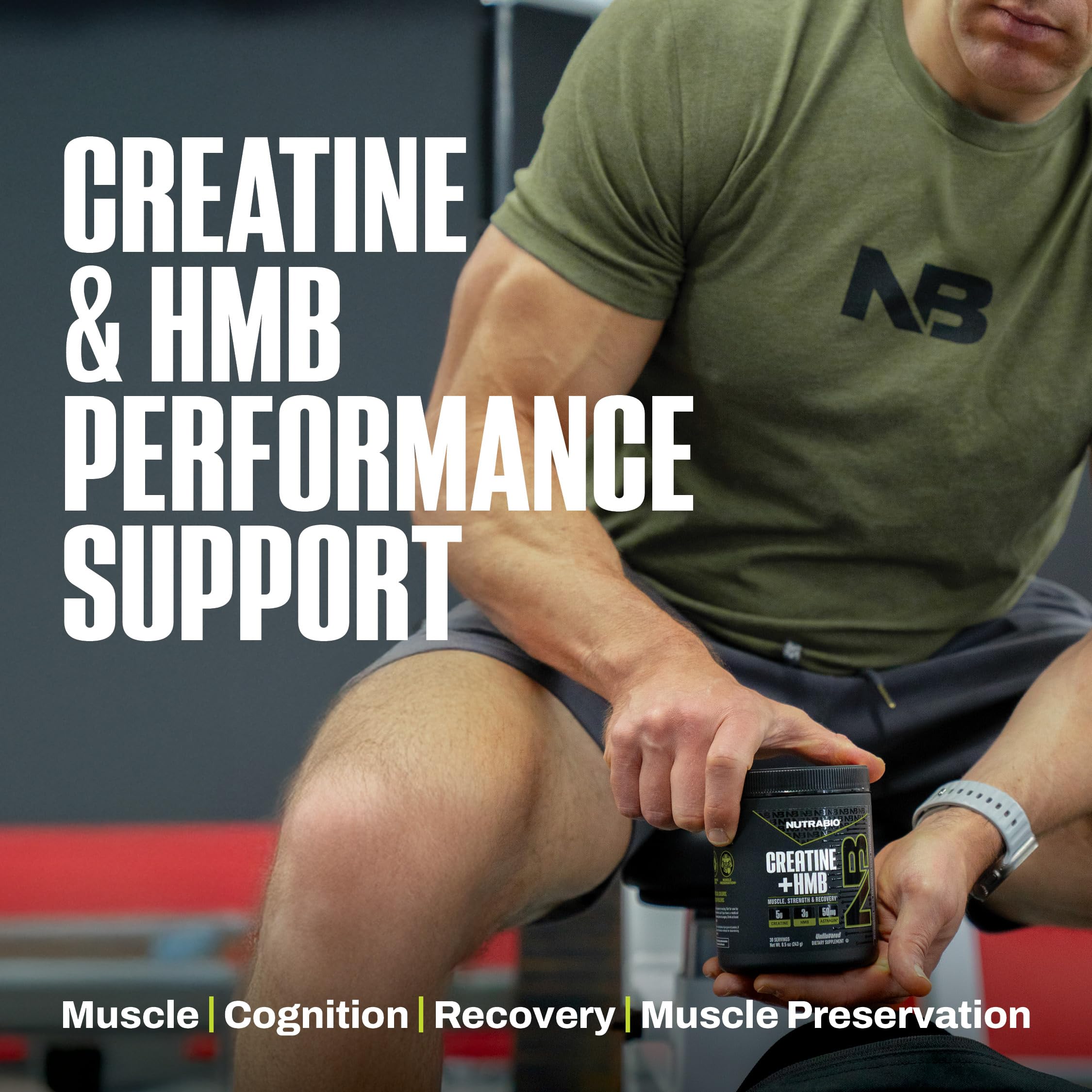 NutraBio Creatine HMB envase transparente muestra claridad del producto.