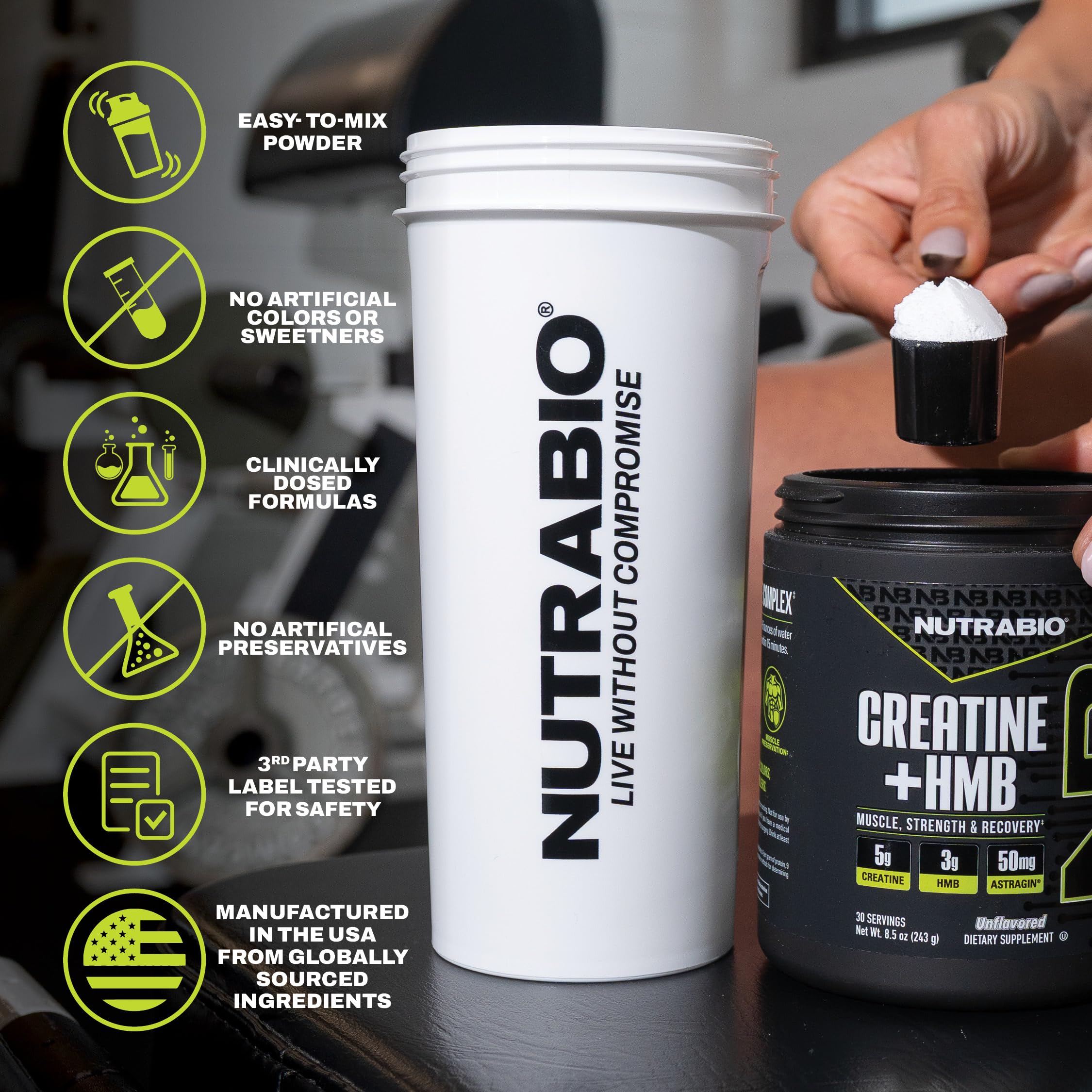 NutraBio Creatine HMB etiqueta informa ingredientes y uso recomendado.