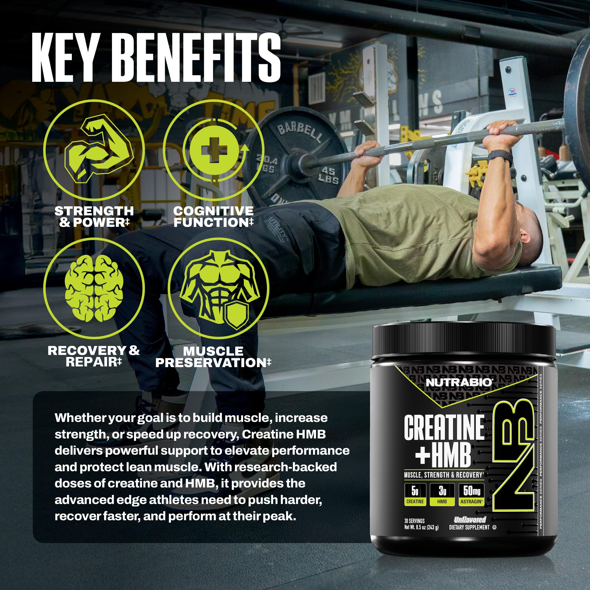 NutraBio Creatine HMB medidor incluido facilita dosis precisas.