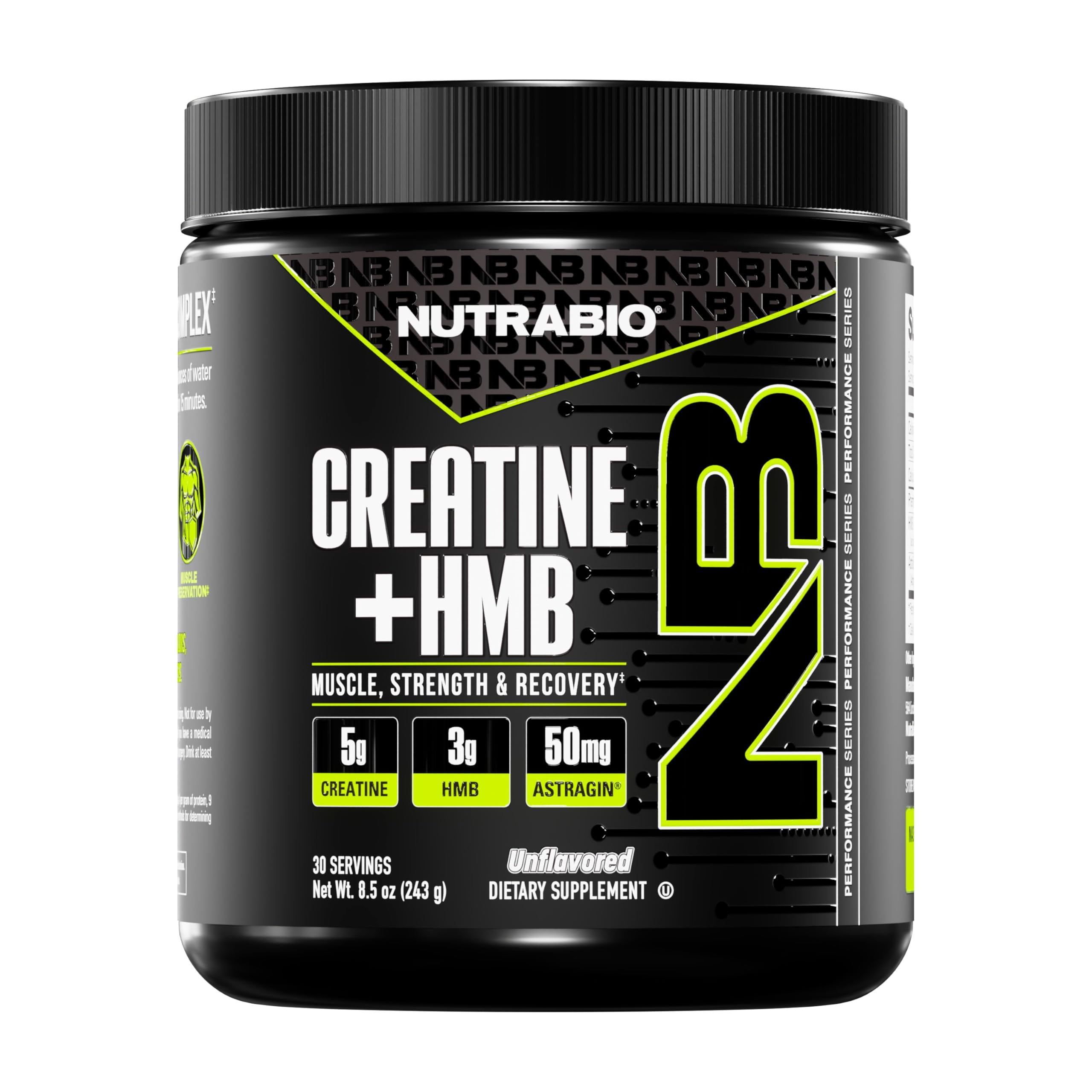 NutraBio Creatine HMB polvo sin sabor para mezclar rápido en agua.