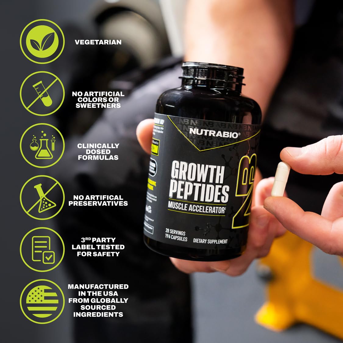 NutraBio Growth Peptides gym-scene suggesting post-workout recovery support.