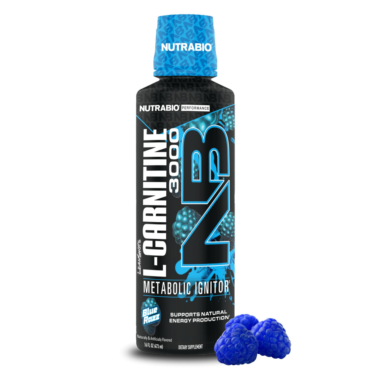 NutraBio L-Carnitina líquida 3000, botella azul, energía sostenida para entrenamientos.