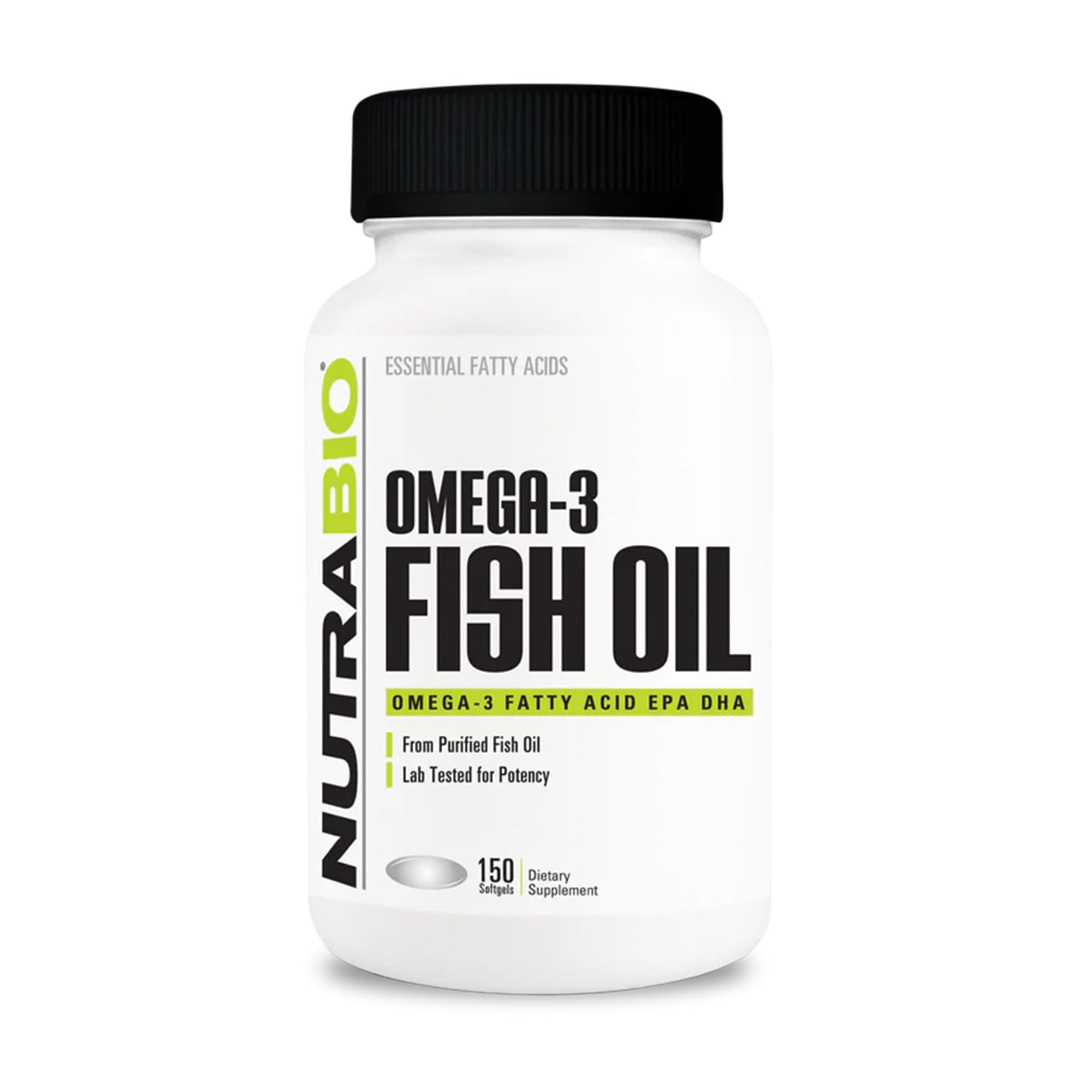 NutraBio Omega3 botella de cápsulas blandas para apoyar bienestar general.