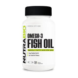 NutraBio Omega3 botella de cápsulas blandas para apoyar bienestar general.