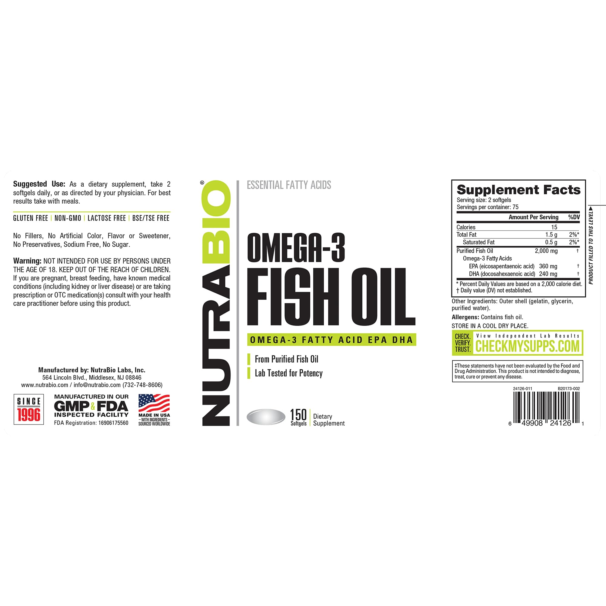 NutraBio Omega3 EPA y DHA en forma de triglicéridos para mejor absorción.