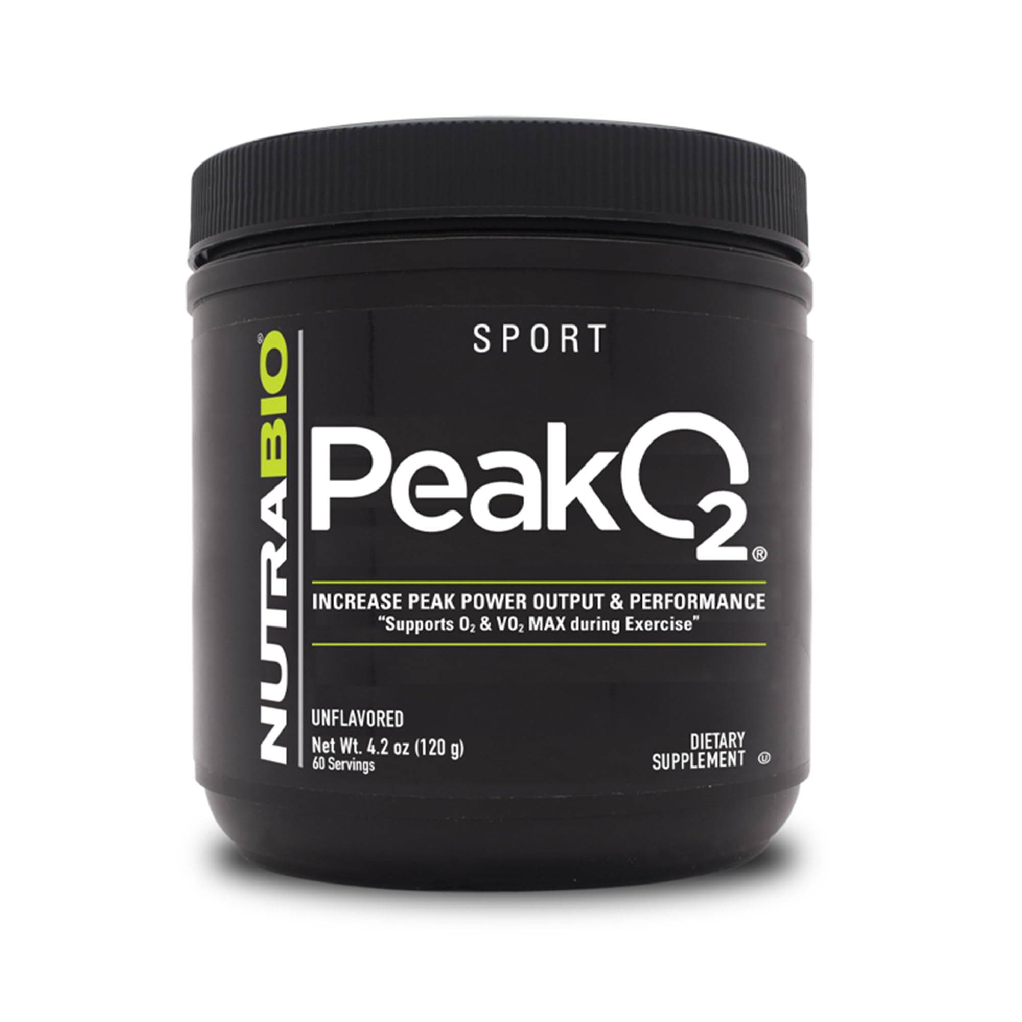 NutraBio Peak O2 frente del bote sin sabor listo para entrenamientos