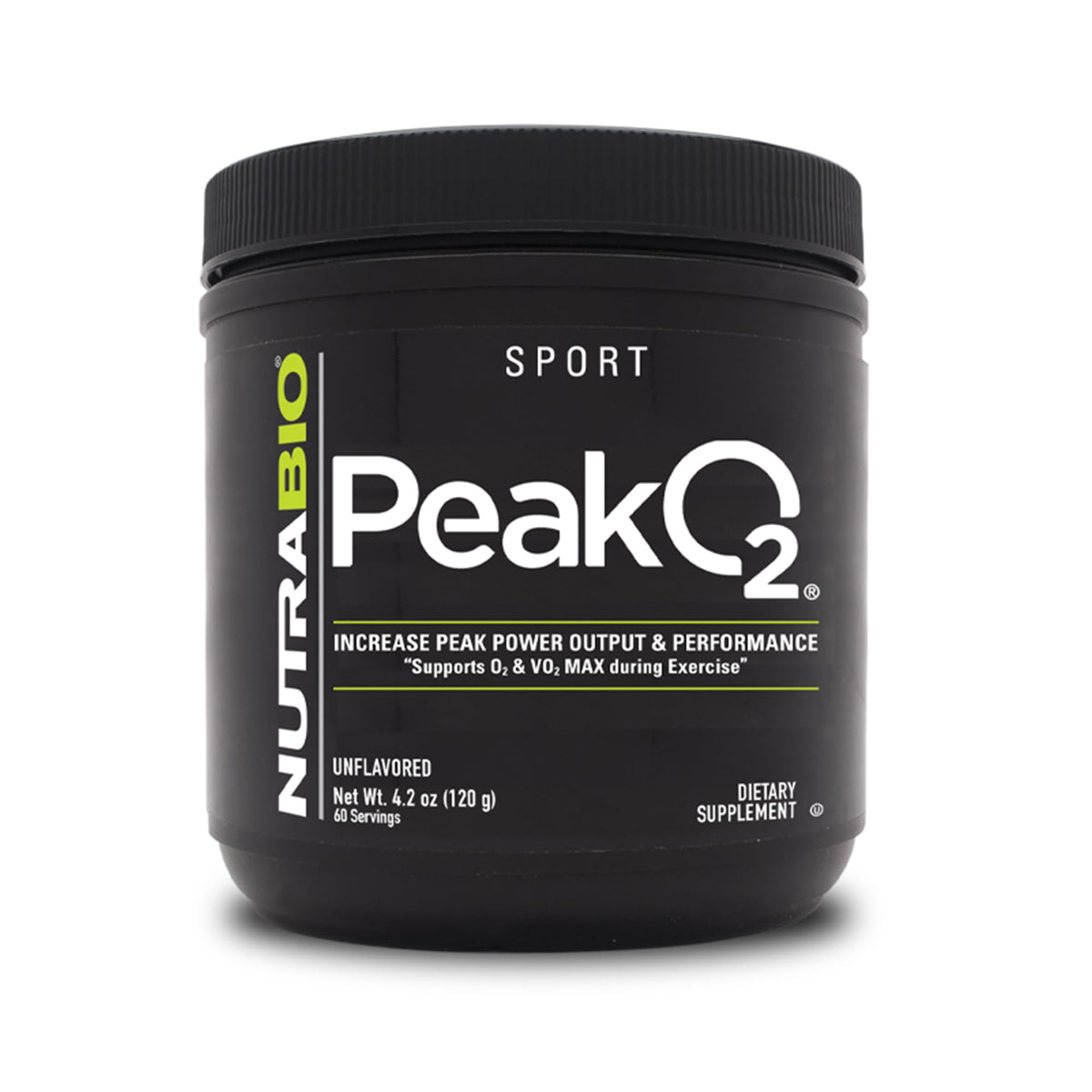 NutraBio Peak O2 frente del bote sin sabor listo para entrenamientos
