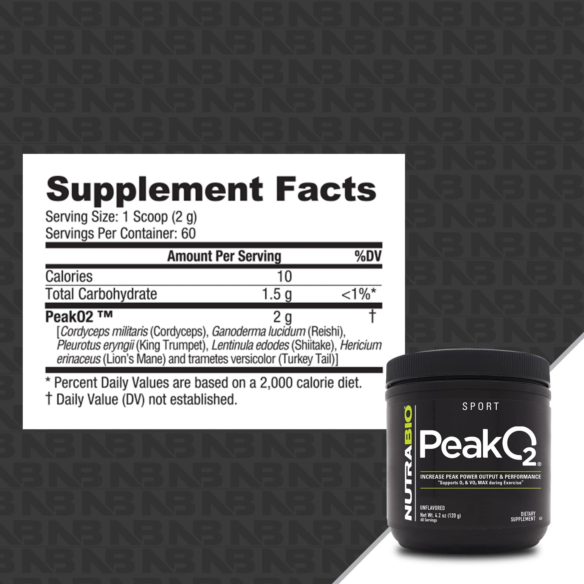 Etiqueta de NutraBio Peak O2 que informa ingredientes de calidad