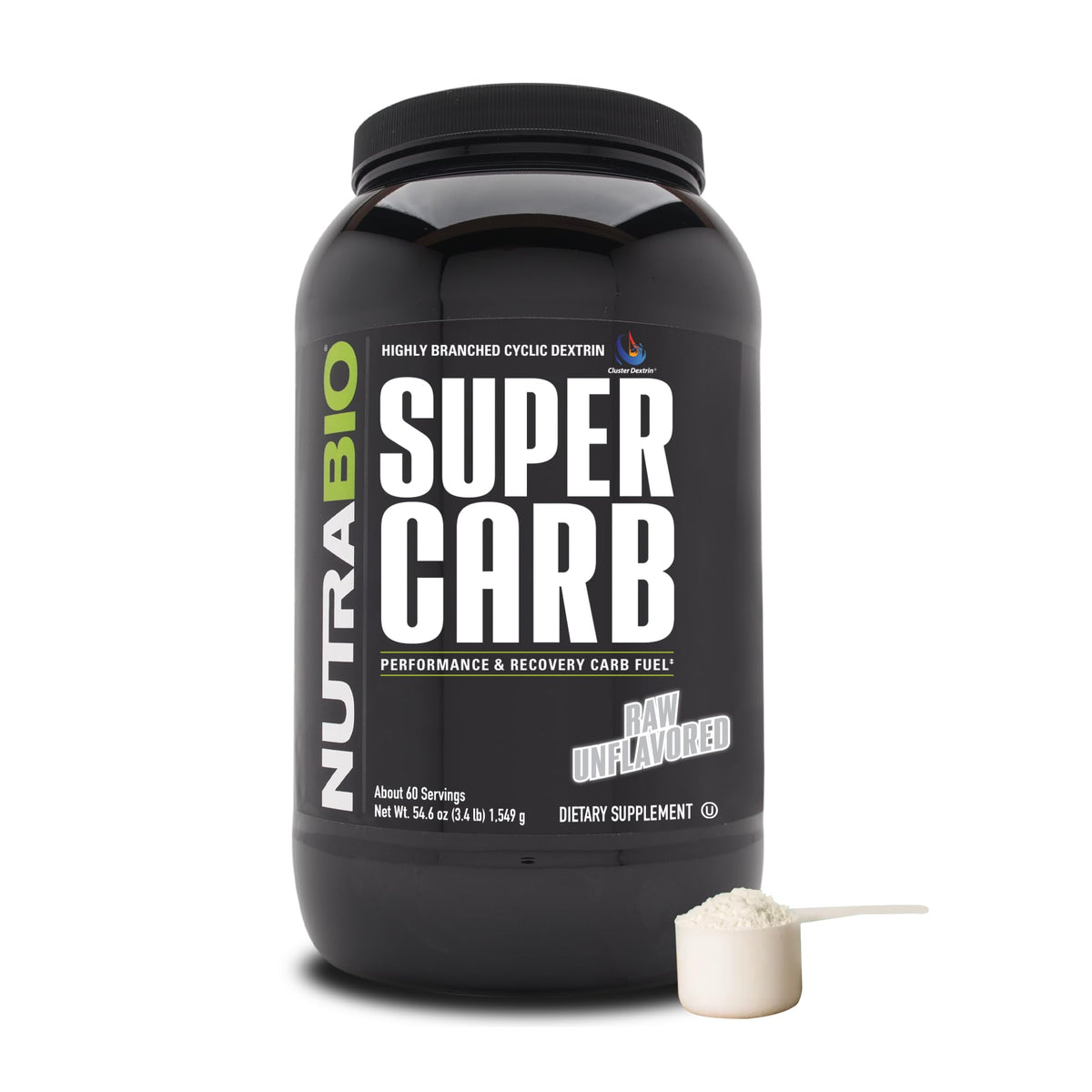 NutraBio Super Carb: bote con Cluster Dextrin para energía sostenida durante entrenamientos