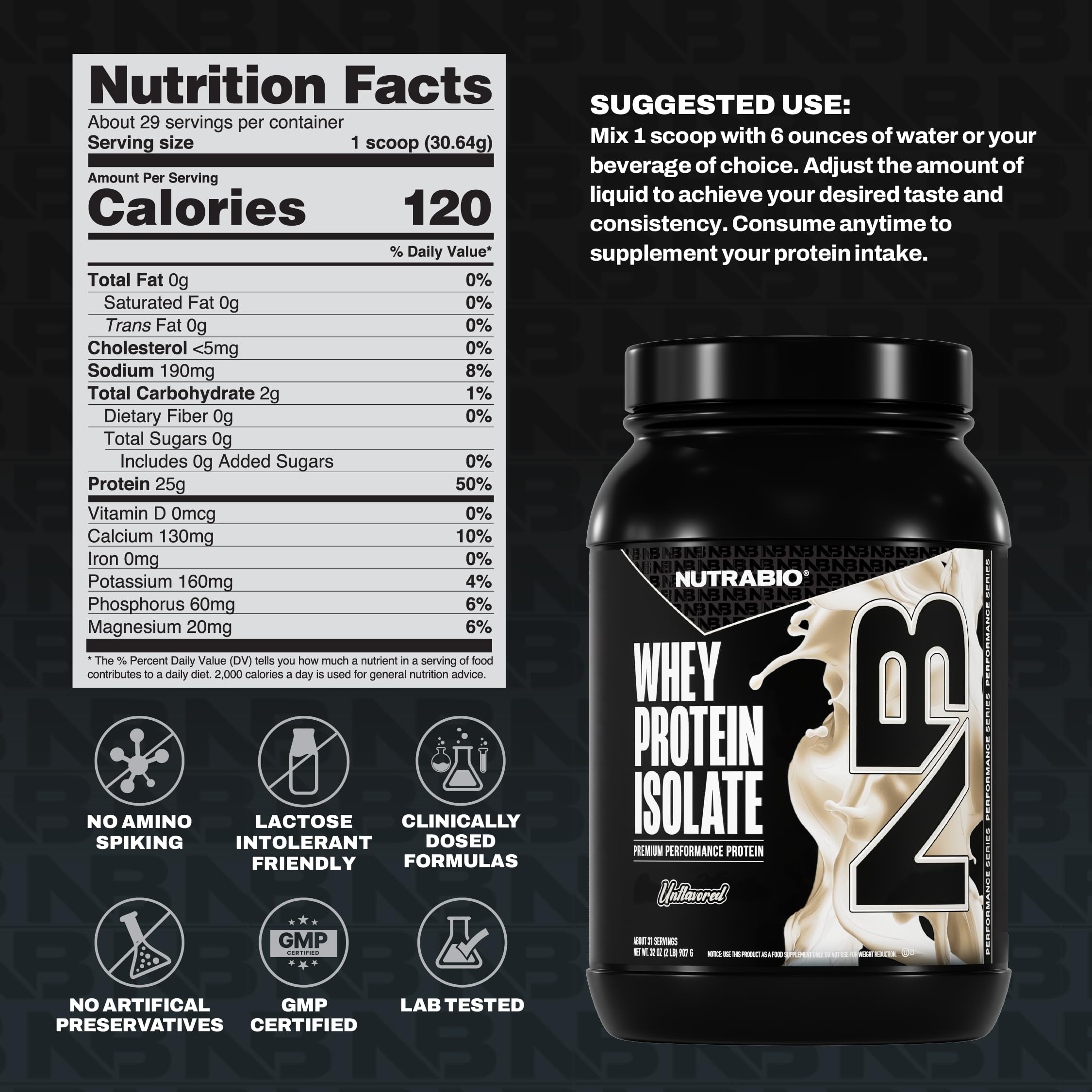 NutraBio Whey Aislado, cuchara de medición para porciones precisas.
