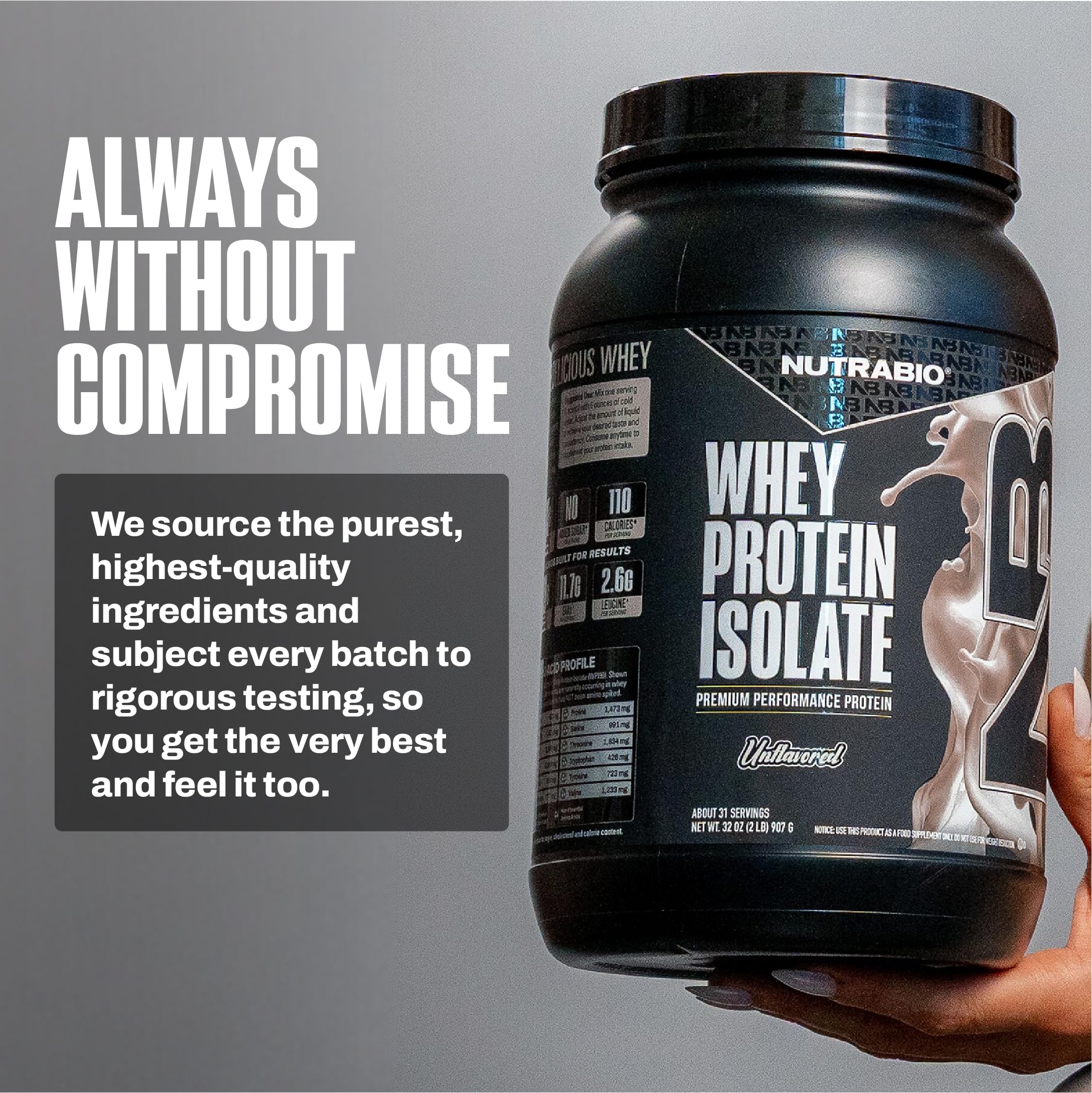 NutraBio Whey Aislado, sabor neutro para mezclar en cualquier bebida.