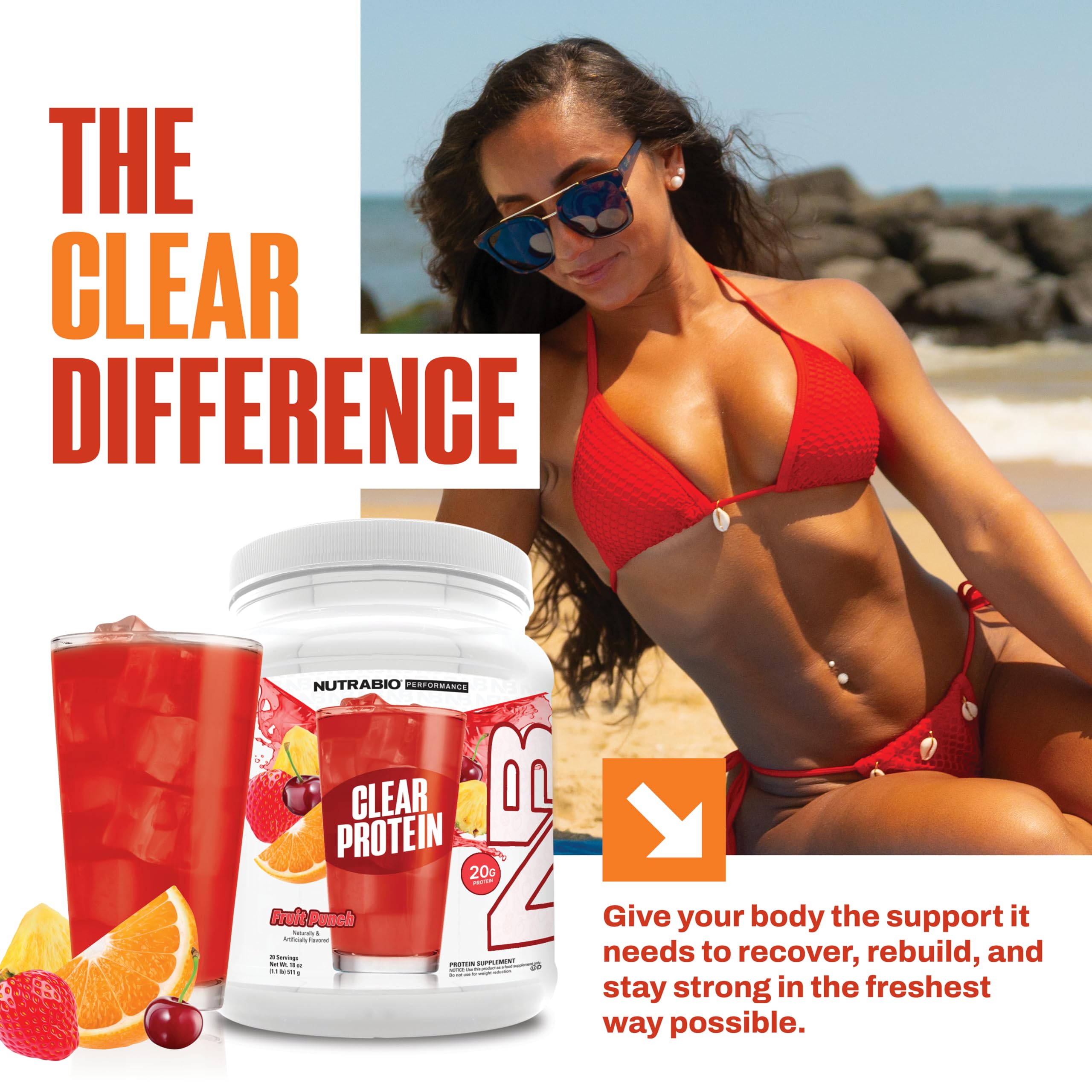 Etiqueta de NutraBio proteína de suero clara Fruta Punch destaca la calidad.