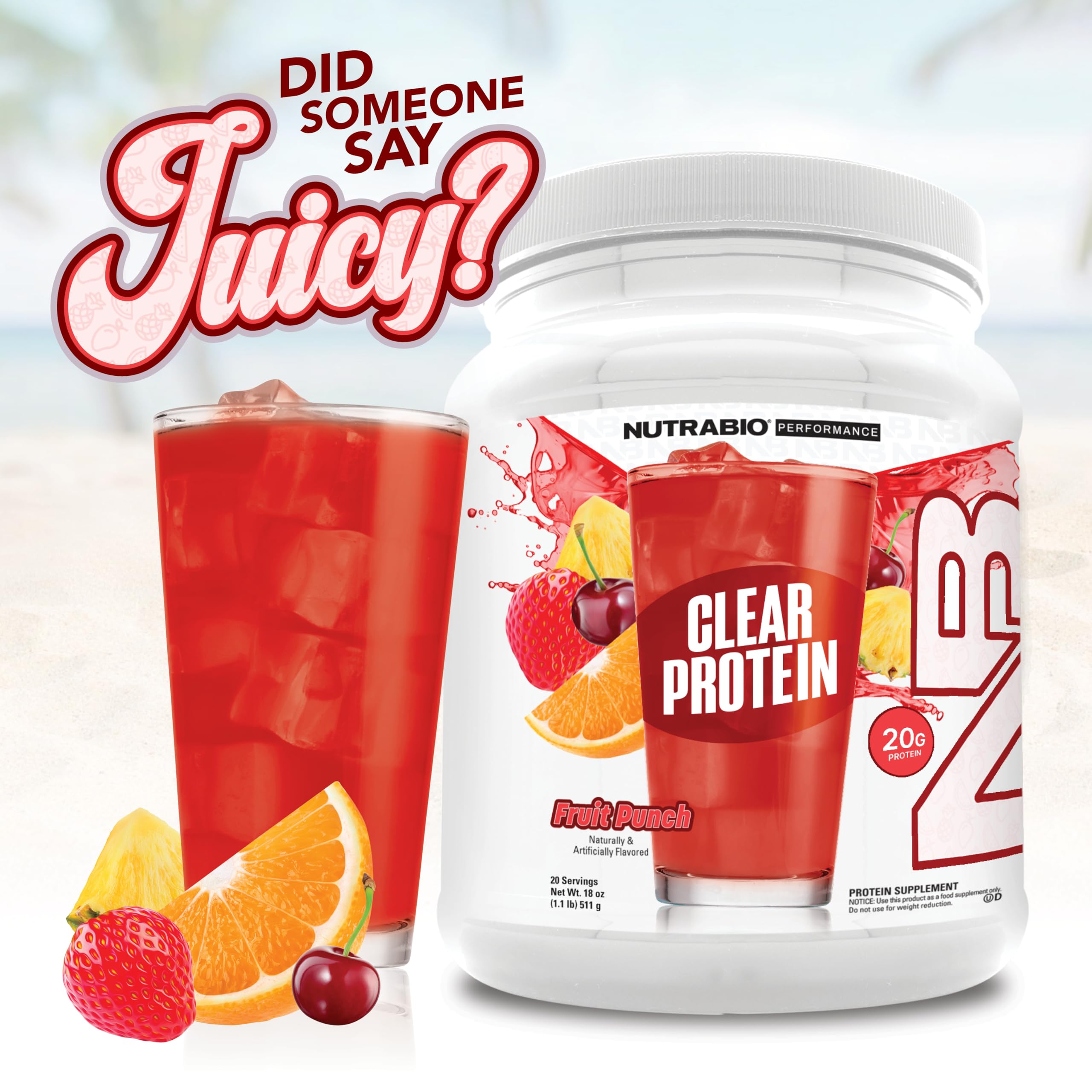 Mezcla lista de NutraBio proteína de suero clara Fruta Punch sin espuma al agitar.