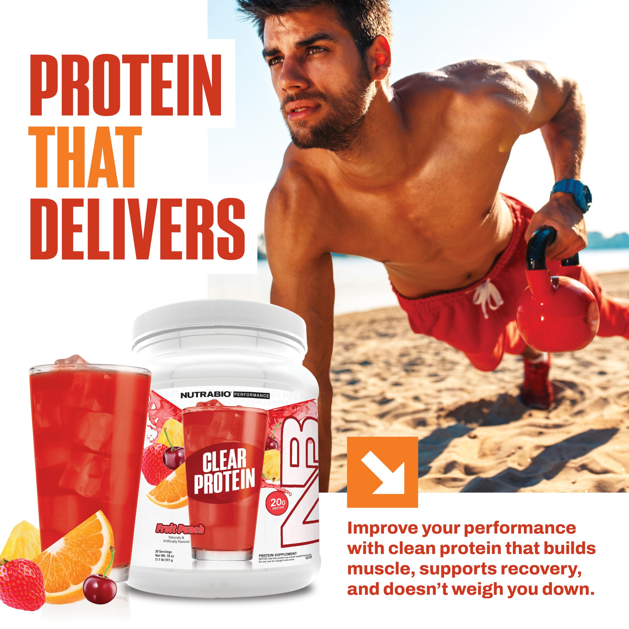 NutraBio proteína de suero clara Fruta Punch favorece recuperación tras entreno.