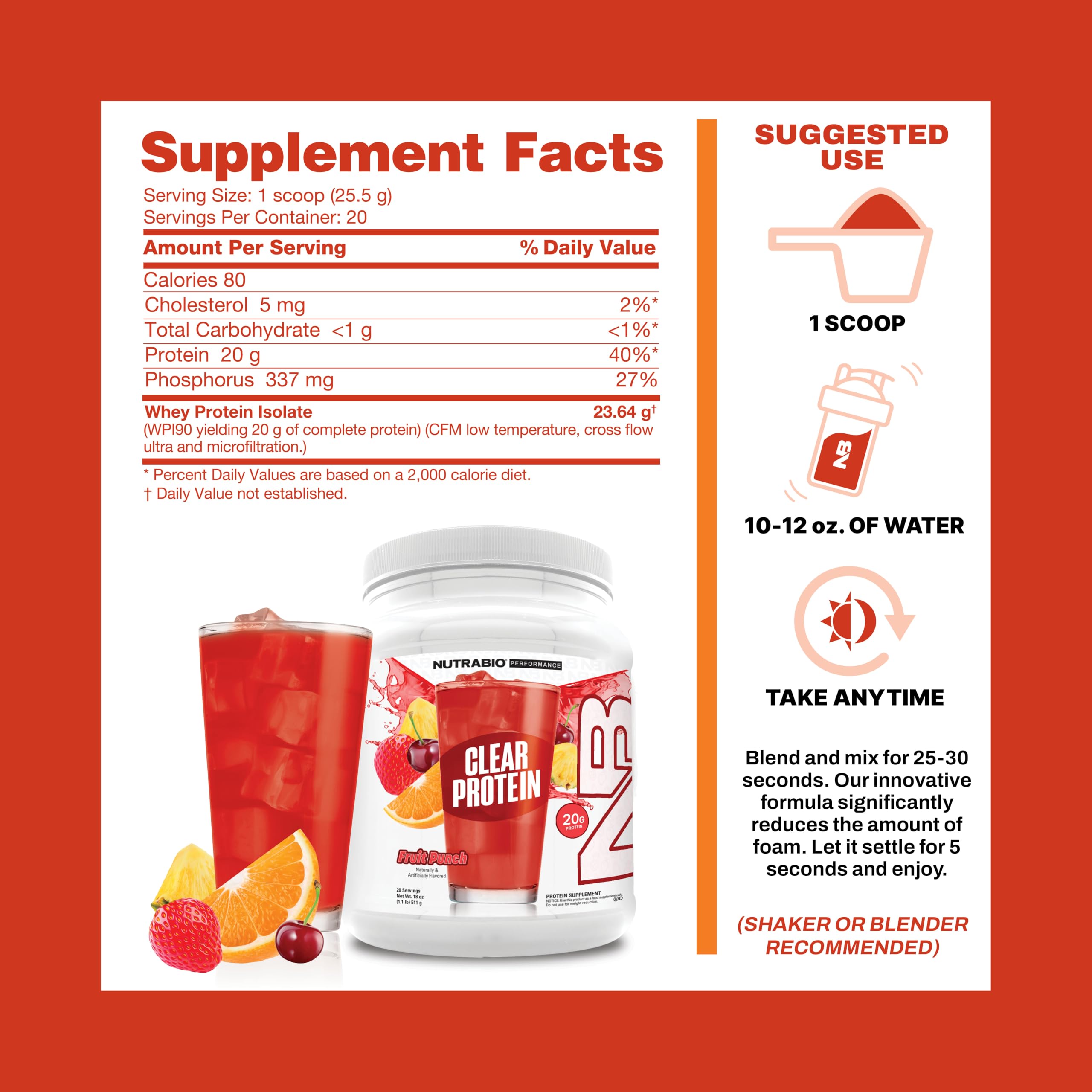 Shaker con NutraBio proteína de suero clara Fruta Punch para preparar rápido.