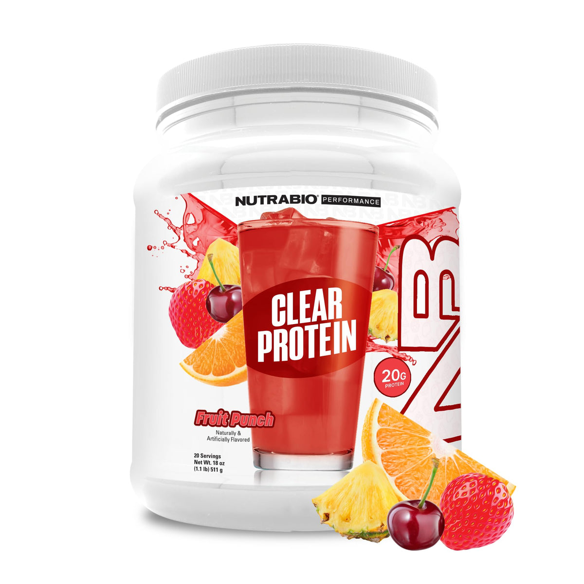 NutraBio proteína de suero clara Fruta Punch en vaso, refrescante tras entrenamiento.