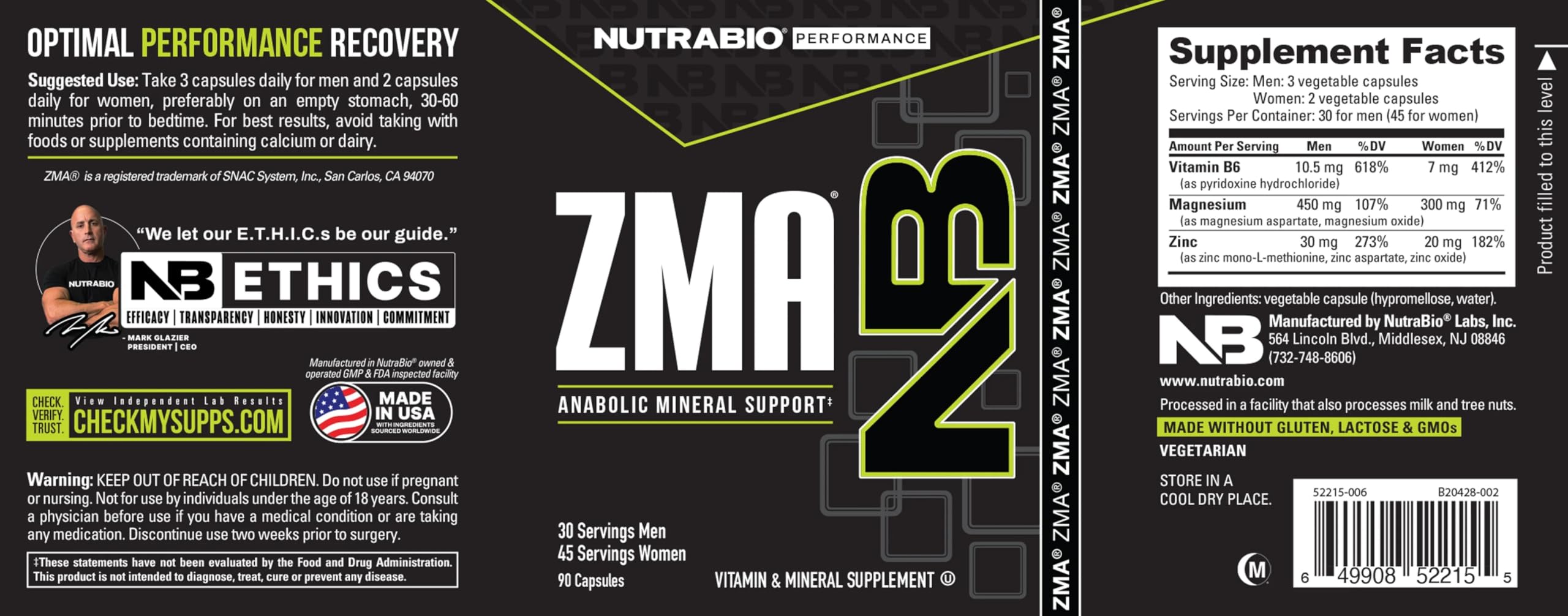 Detalle de zinc, magnesio y B6 en NutraBio ZMA