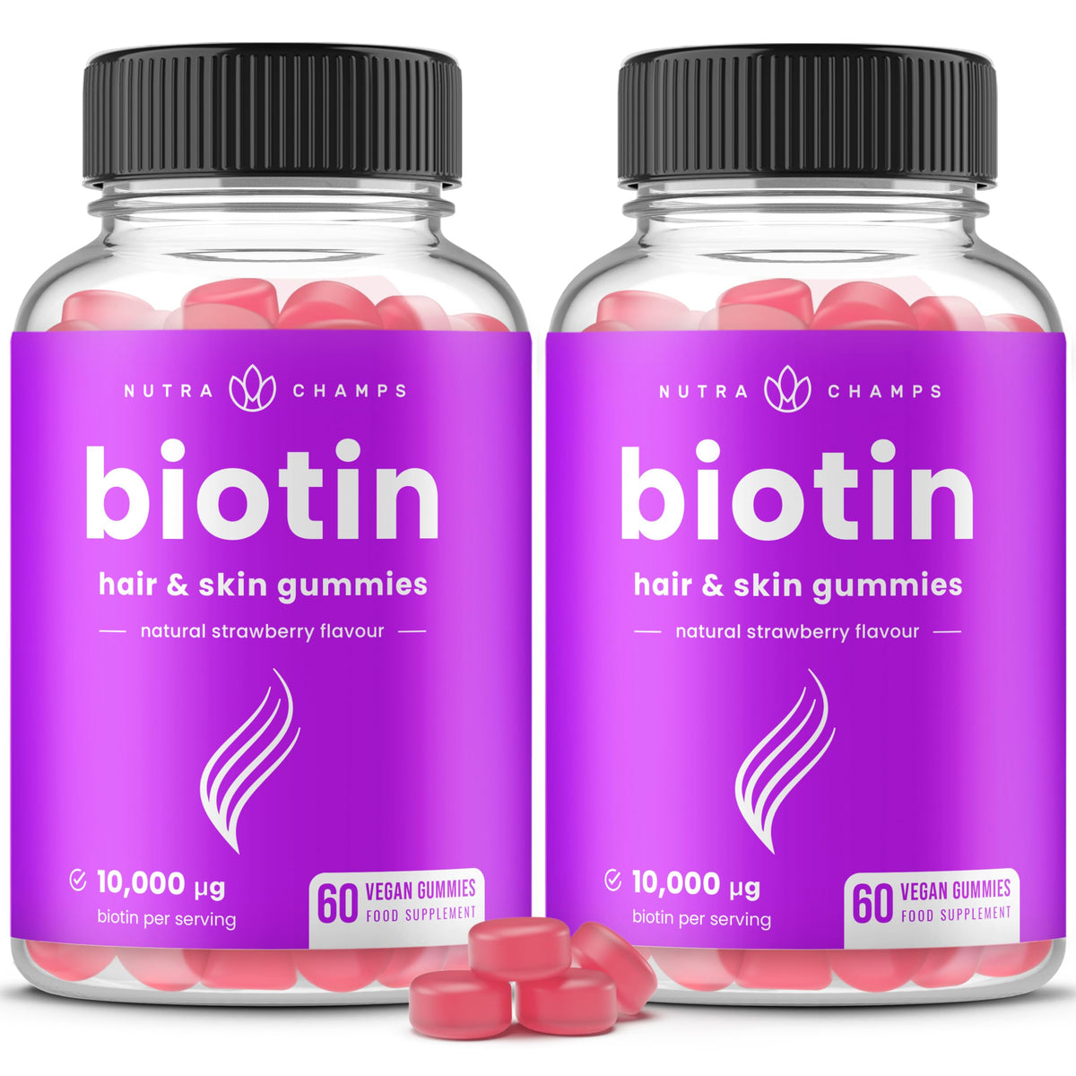 NutraChamps Biotin Gummis, frasco 2-pack, posible apoyo a cabello y uñas.