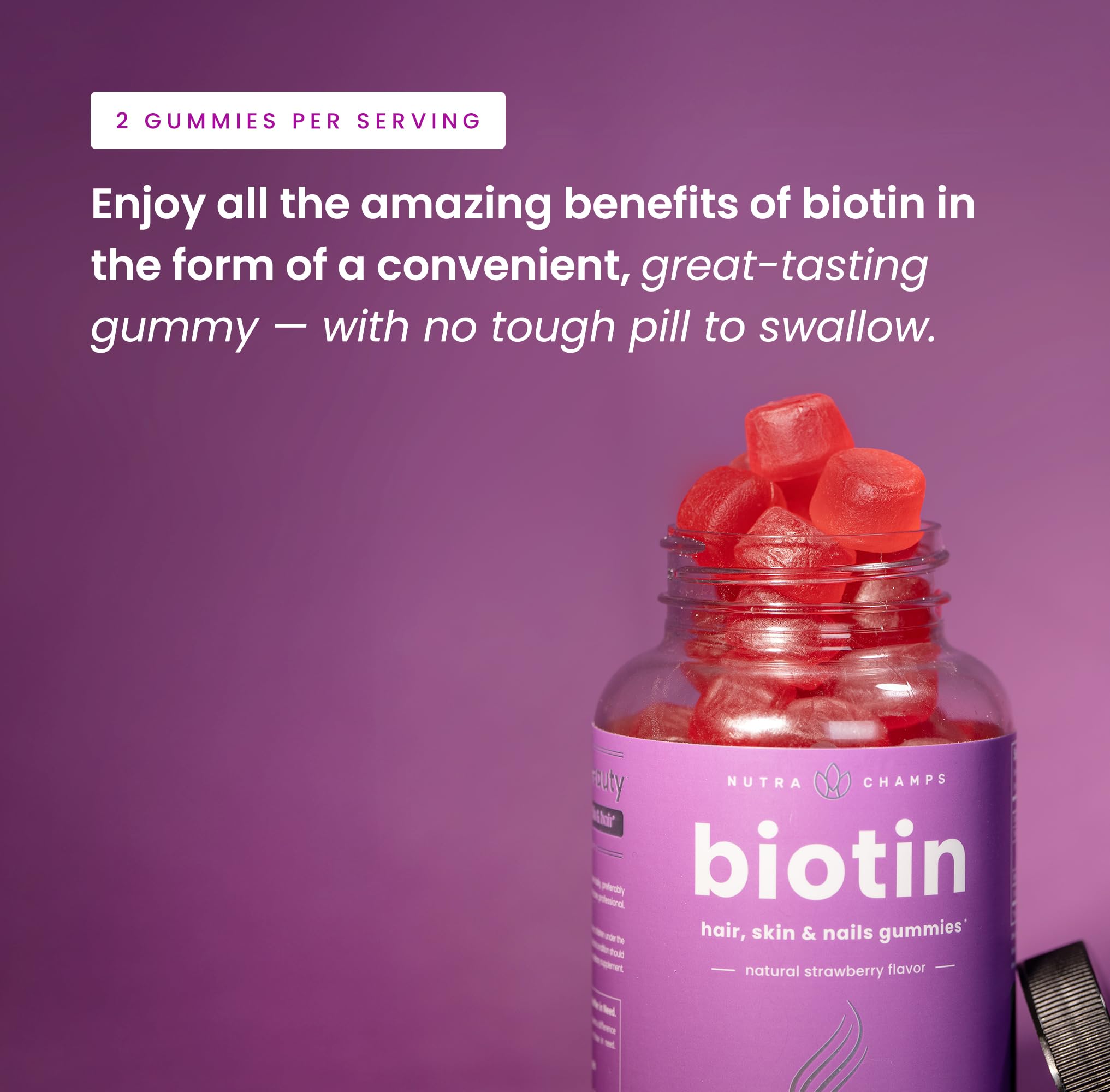 NutraChamps Biotin Gummis, frasco con 10000mcg para cabello, piel y uñas.