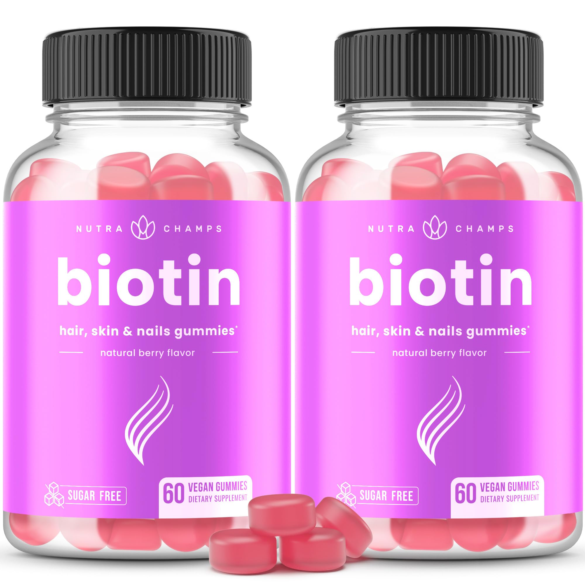 NutraChamps Biotina 10000 mcg – gominolas con sabor frambuesa para cabello y uñas sanos.