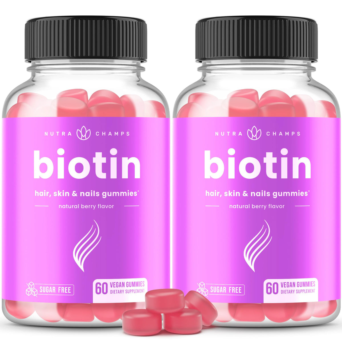 NutraChamps Biotina 10000 mcg – gominolas con sabor frambuesa para cabello y uñas sanos.