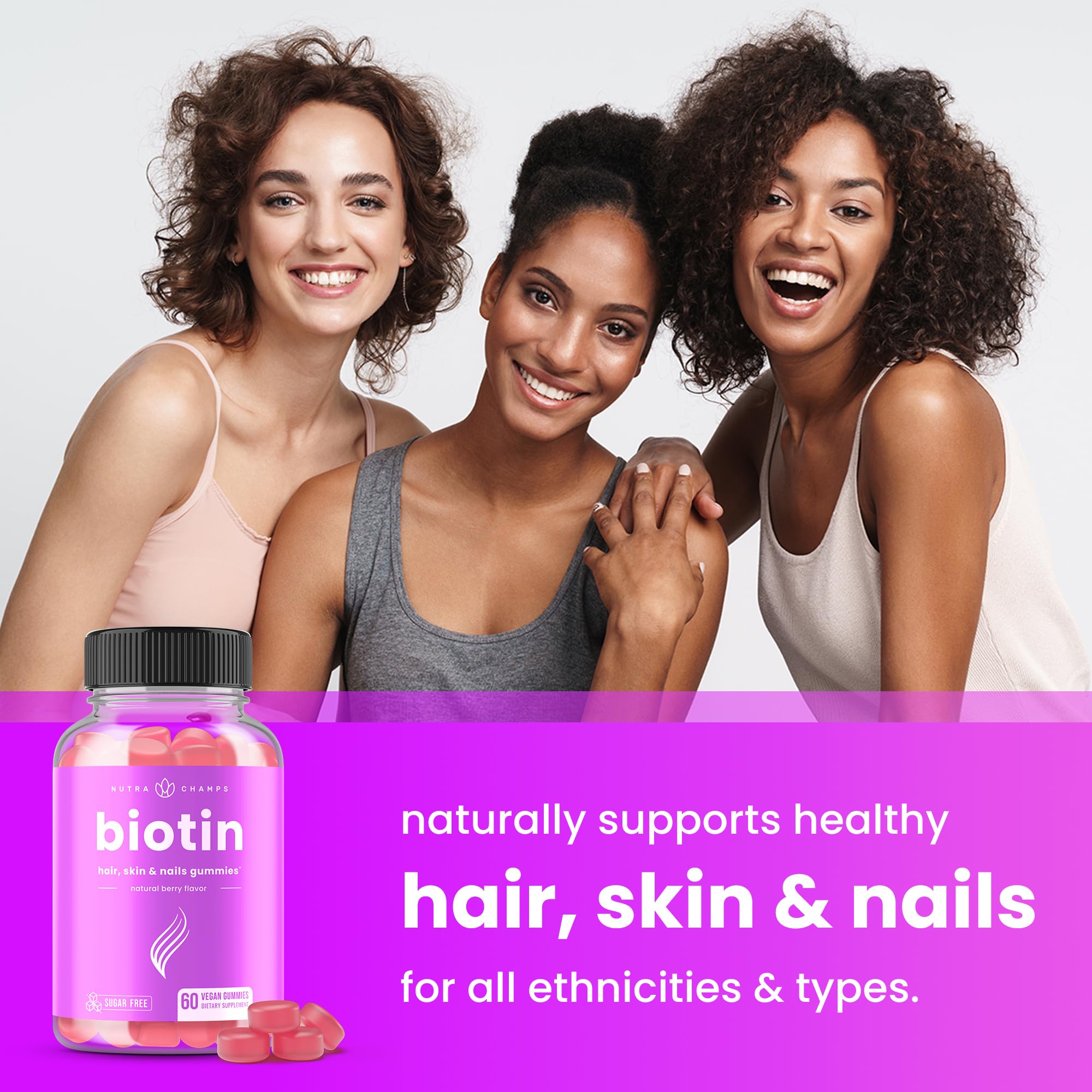 NutraChamps Biotina vegana sin azúcar – gominolas con sabor frambuesa para cabello y uñas.