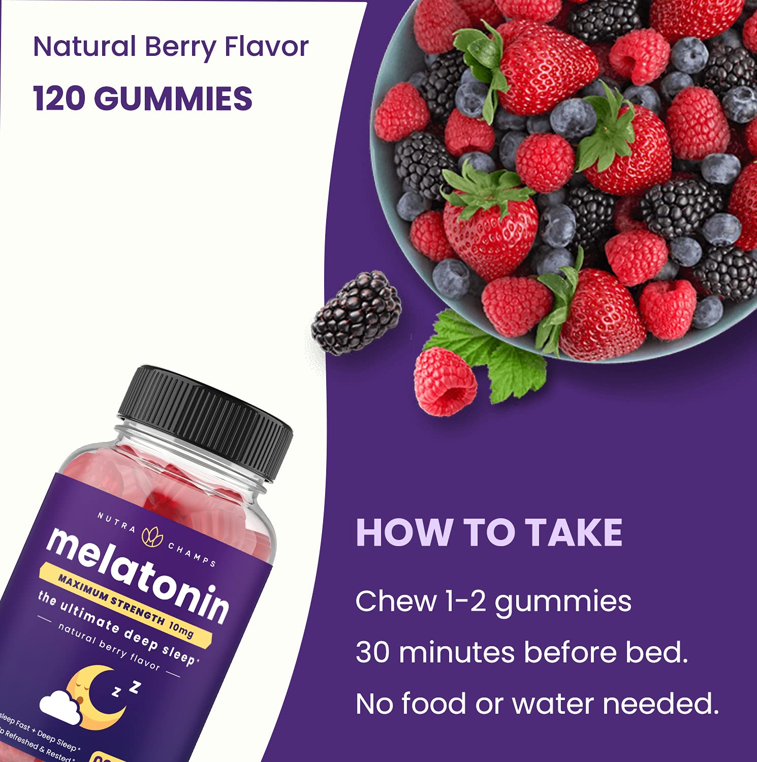 Botella NutraChamps con dosis de 5 mg y 10 mg.