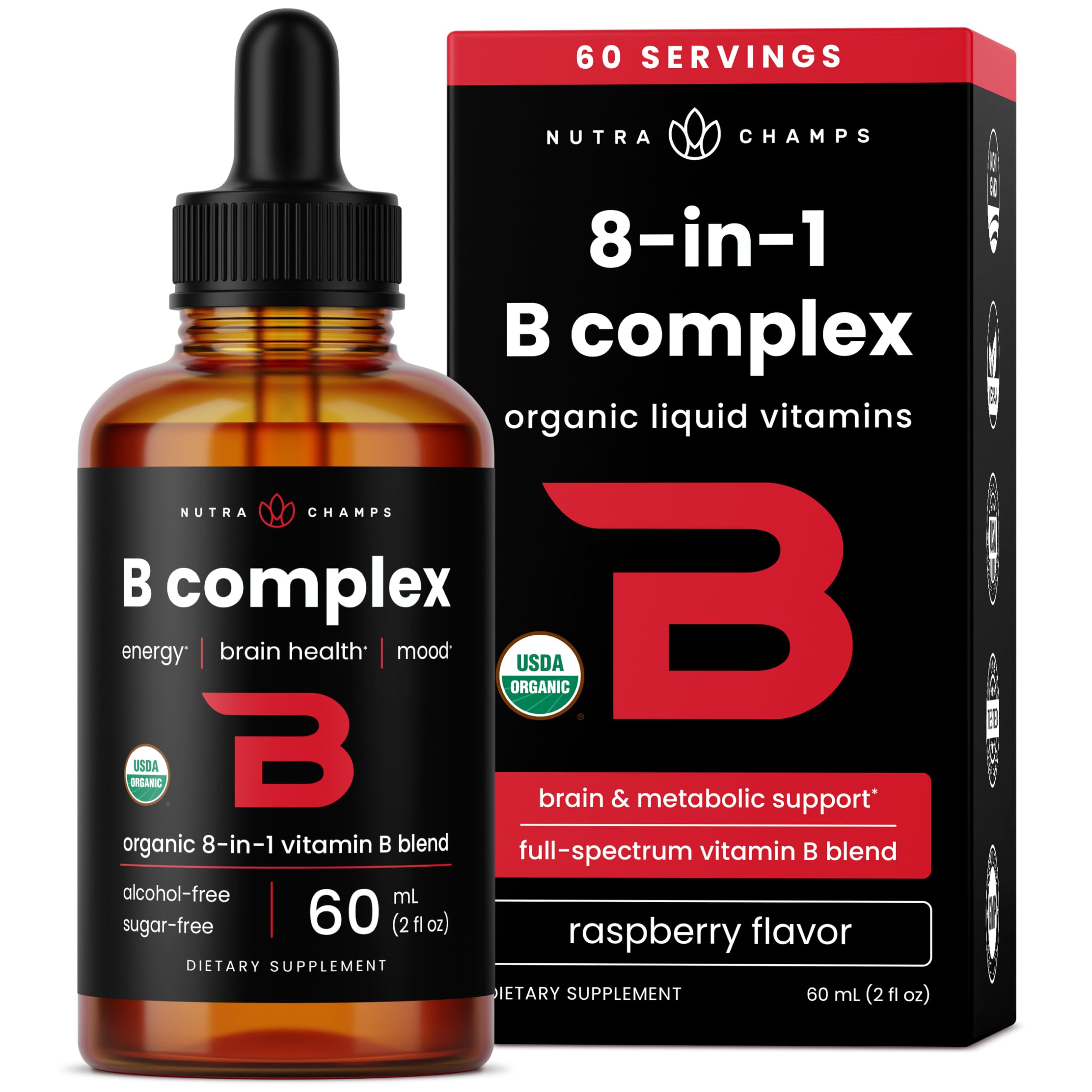NutraChamps complejo B en gotas sabor frambuesa para energía y bienestar.