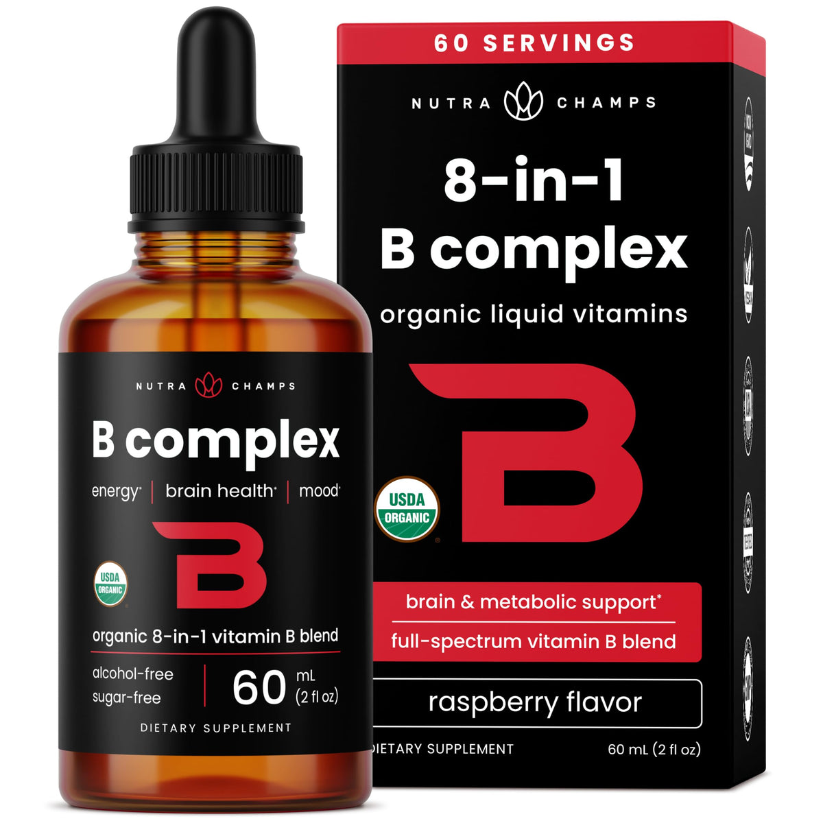 NutraChamps complejo B en gotas sabor frambuesa para energía y bienestar.