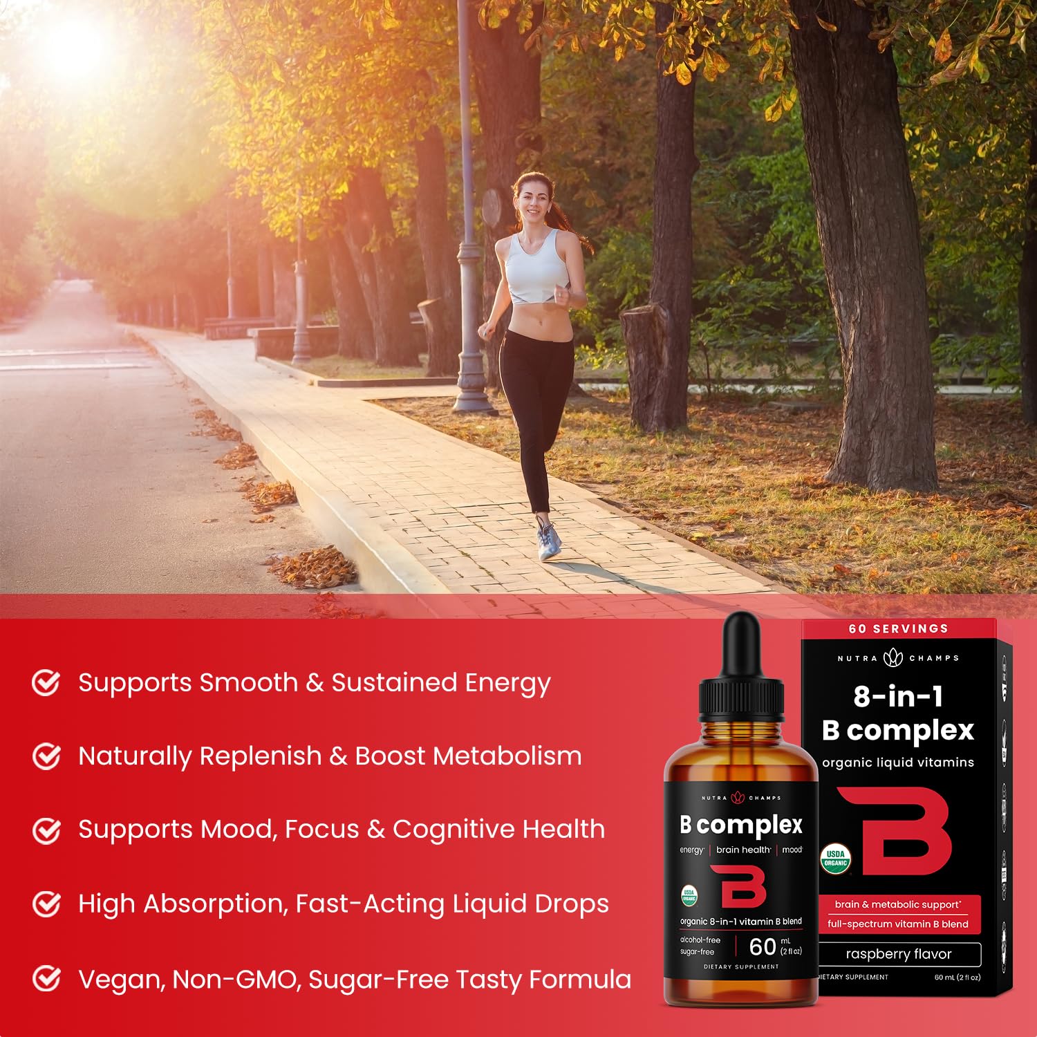 NutraChamps gotero facilita dosis precisas del complejo B completo.