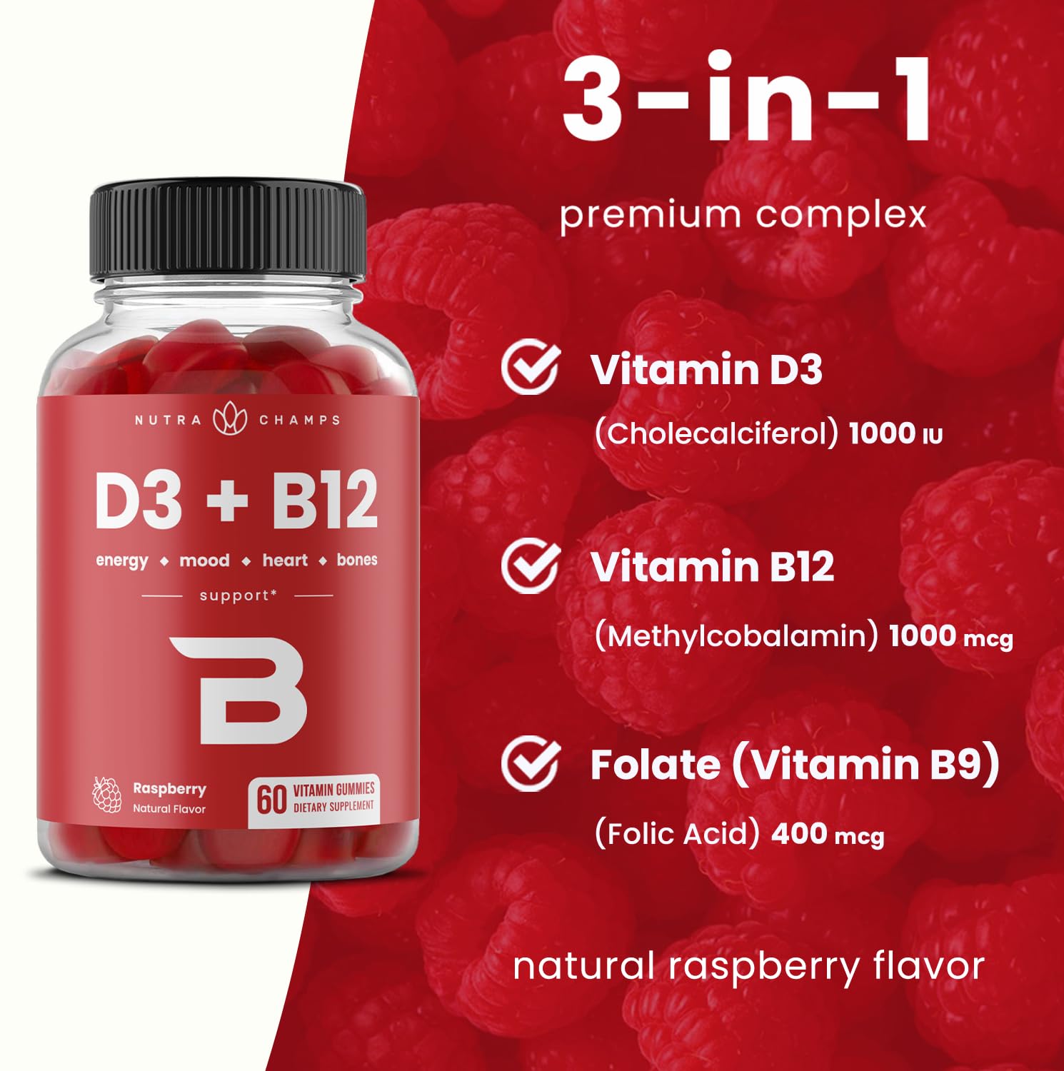 Etiqueta NutraChamps frambuesa con lista de ingredientes y beneficios