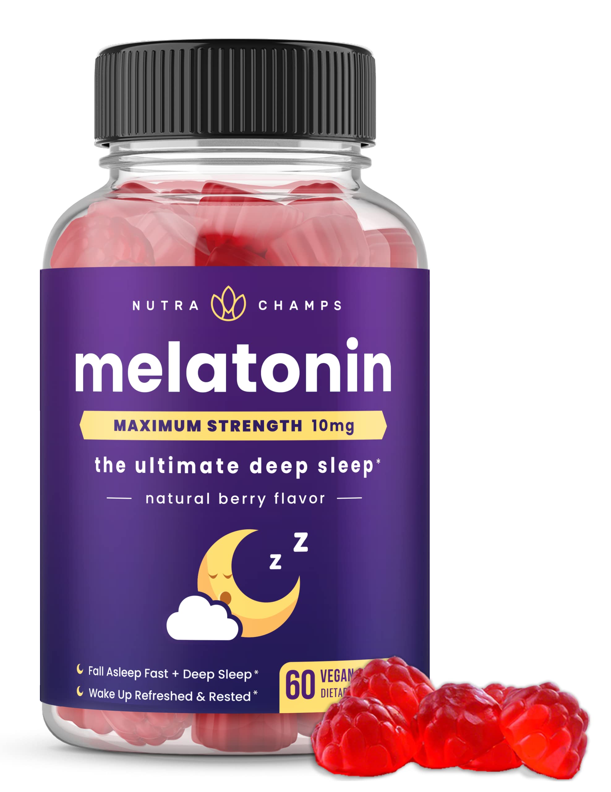 Gomitas NutraChamps de melatonina en botella: descanso suave al inicio de la noche.