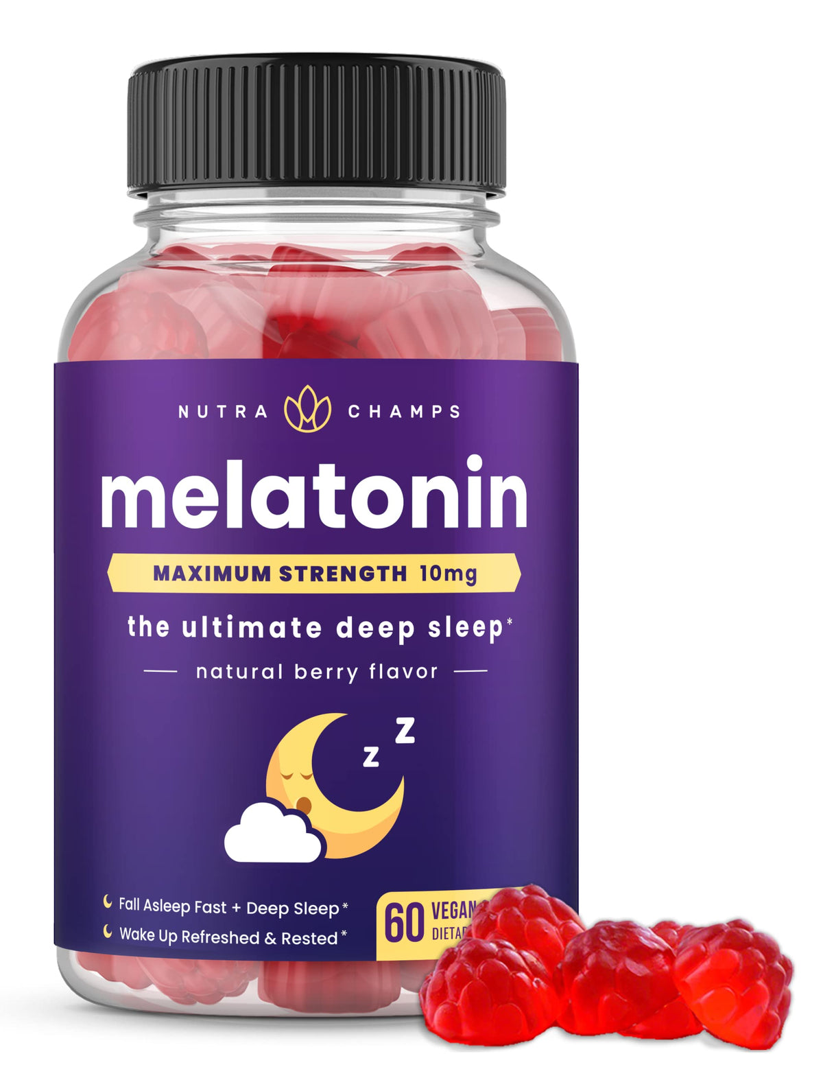 Gomitas NutraChamps de melatonina en botella: descanso suave al inicio de la noche.